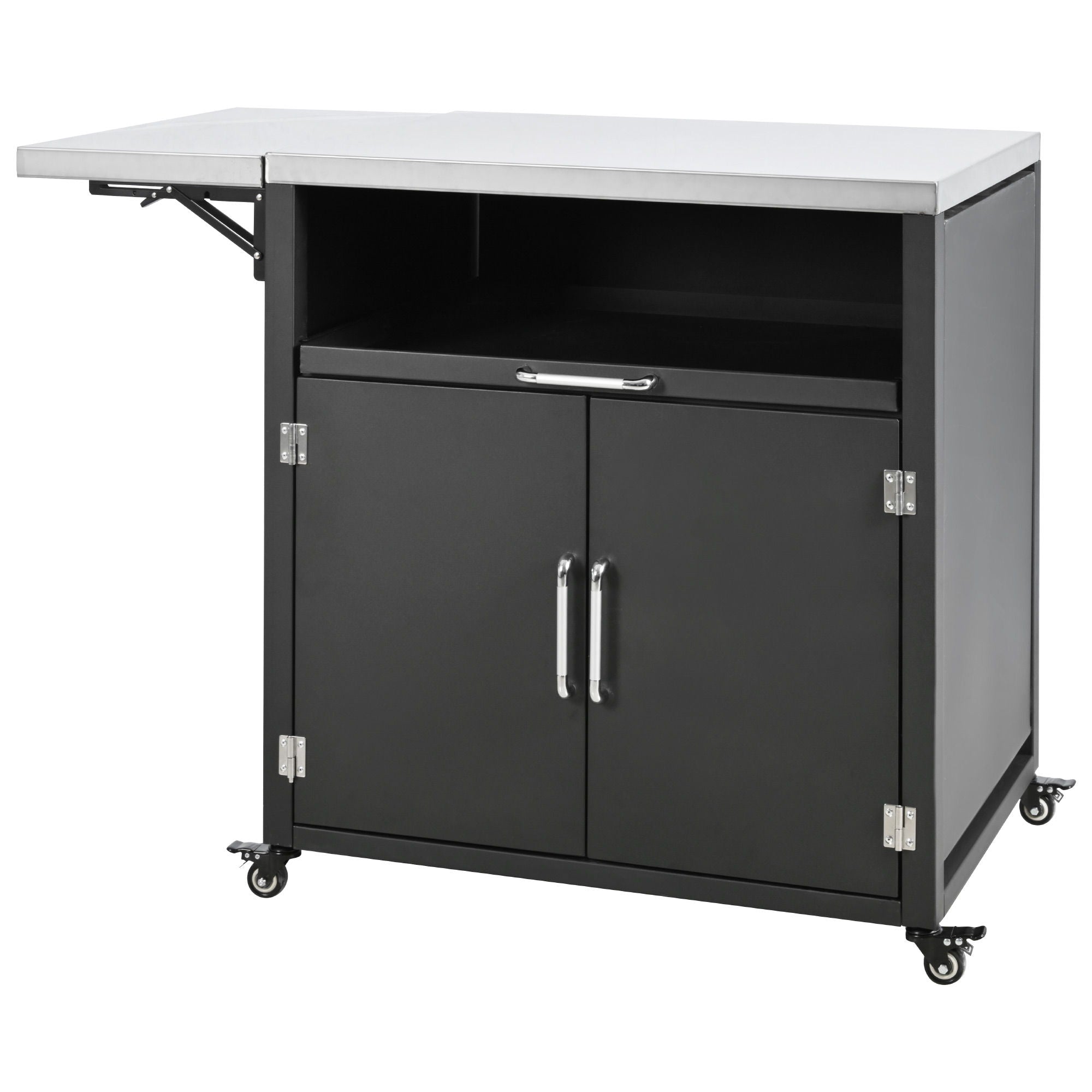 Versatile Outdoor Cabinet With Folding & Expandable Work Surfaces, Ample Storage Space, And Lockable Wheels - Matte Black