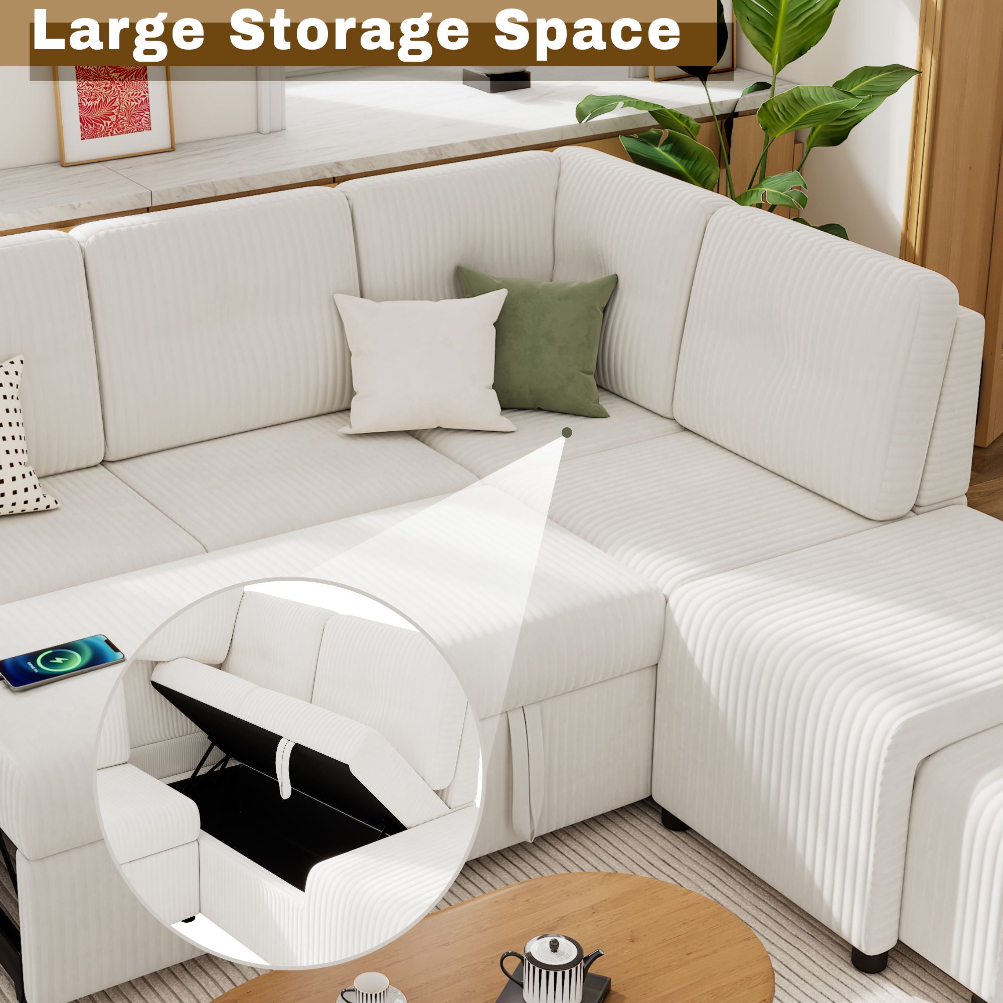 Pull-Out L-Shaped Sectional Sofa With Movable Ottoman And Stool, Large Storage Space, A Cup Holder, And 2 USB Ports For Living Room