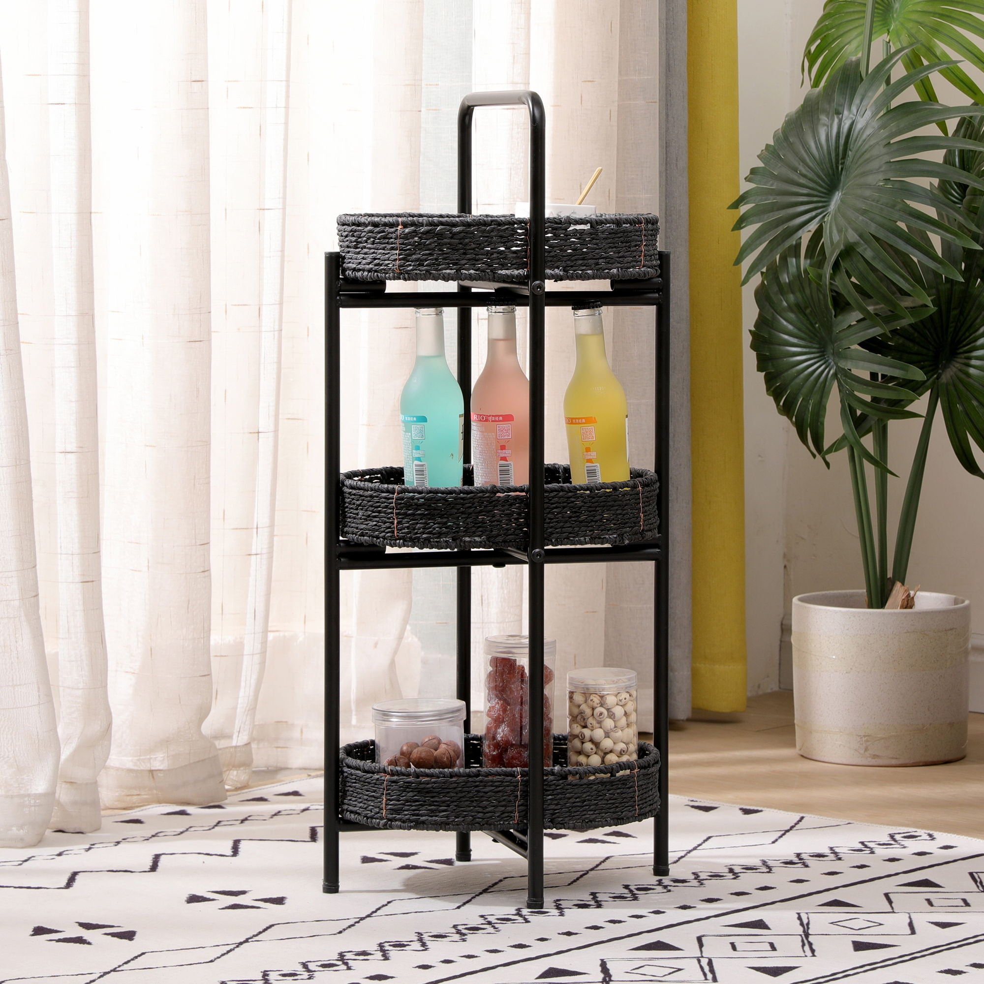 Modern 3 Tier Handwoven Side Table With Oval Organizer