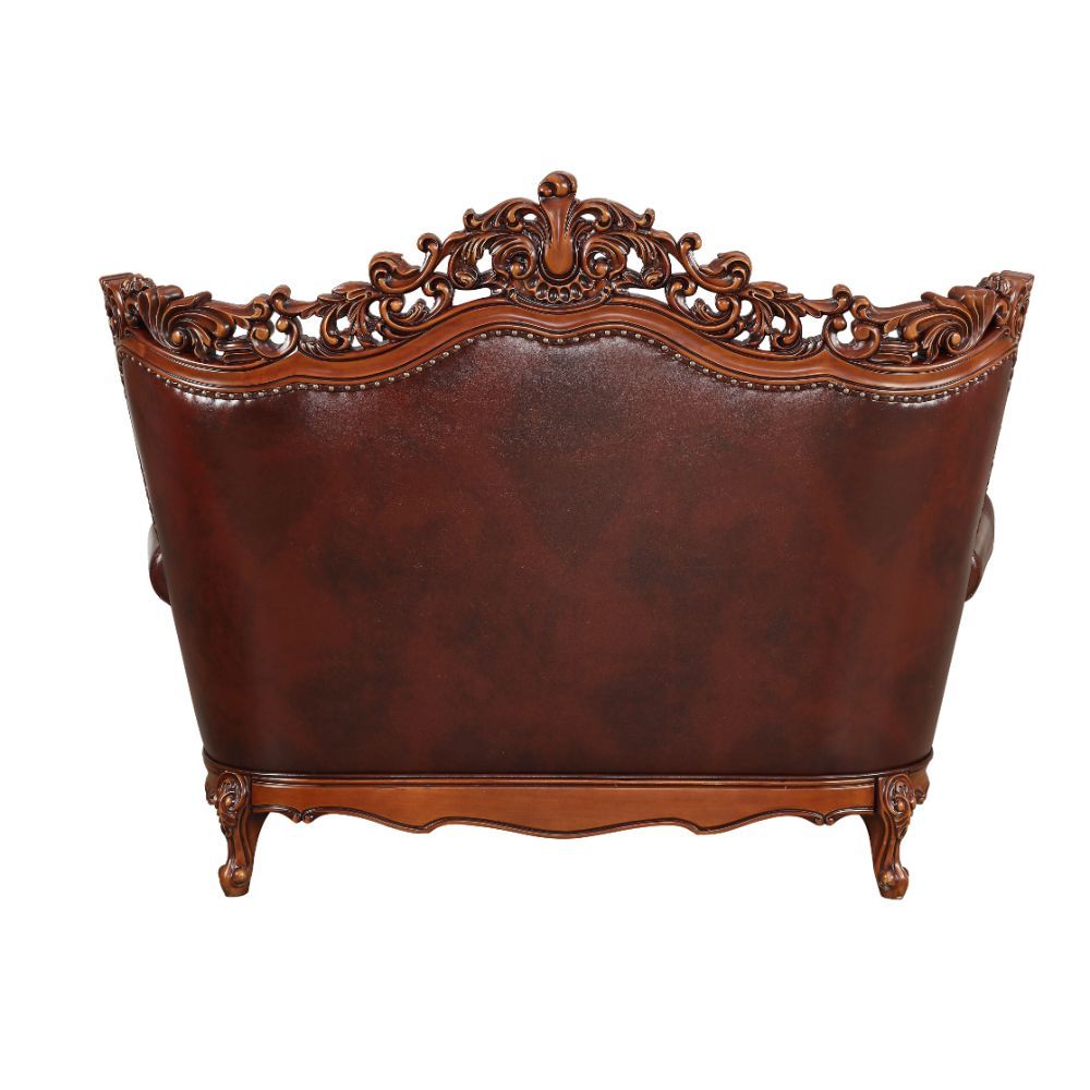 ACME Eustoma - Loveseat - Cherry Top Grain Leather Match & Walnut | Meri Furniture