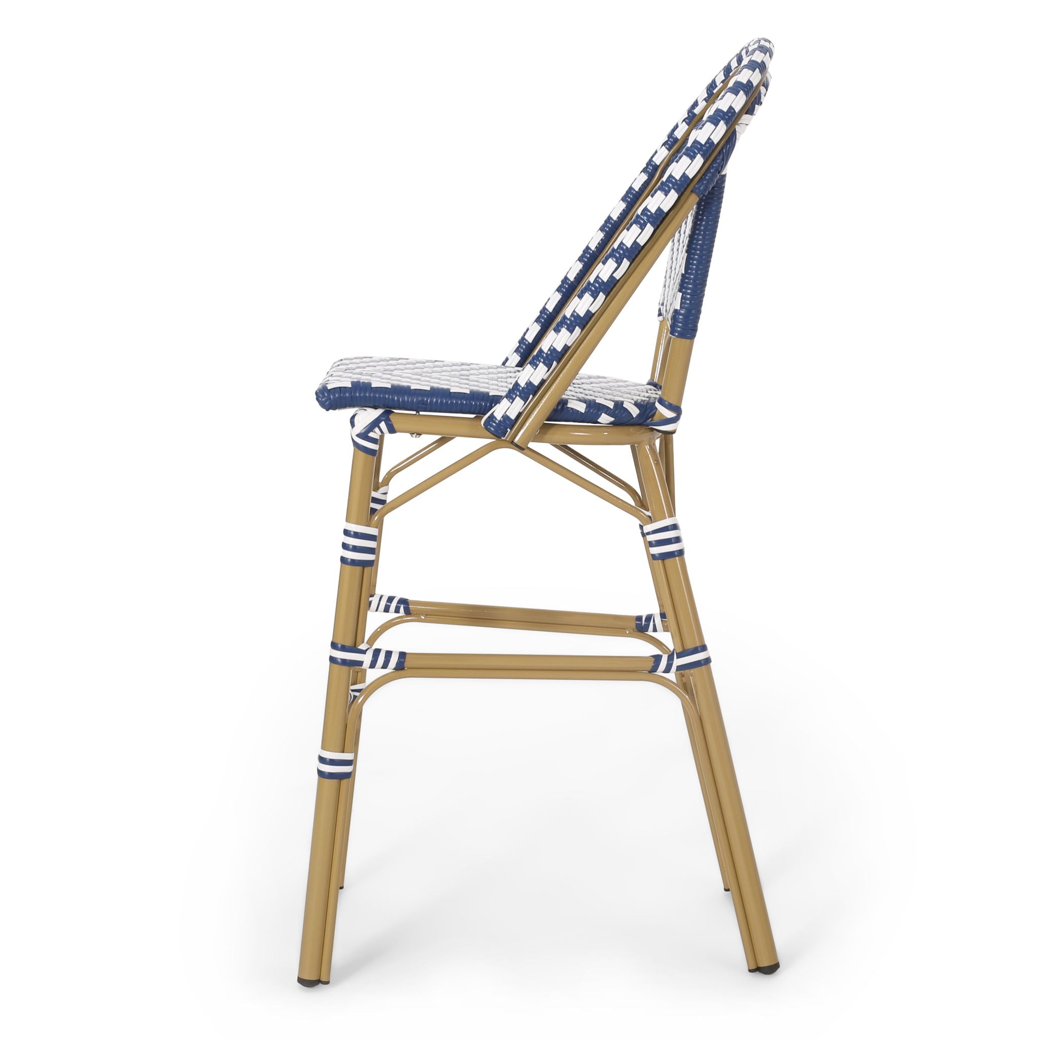 Outdoor Rattan French Barstool Set,, Bamboo, Seat Height - Navy Blue / White