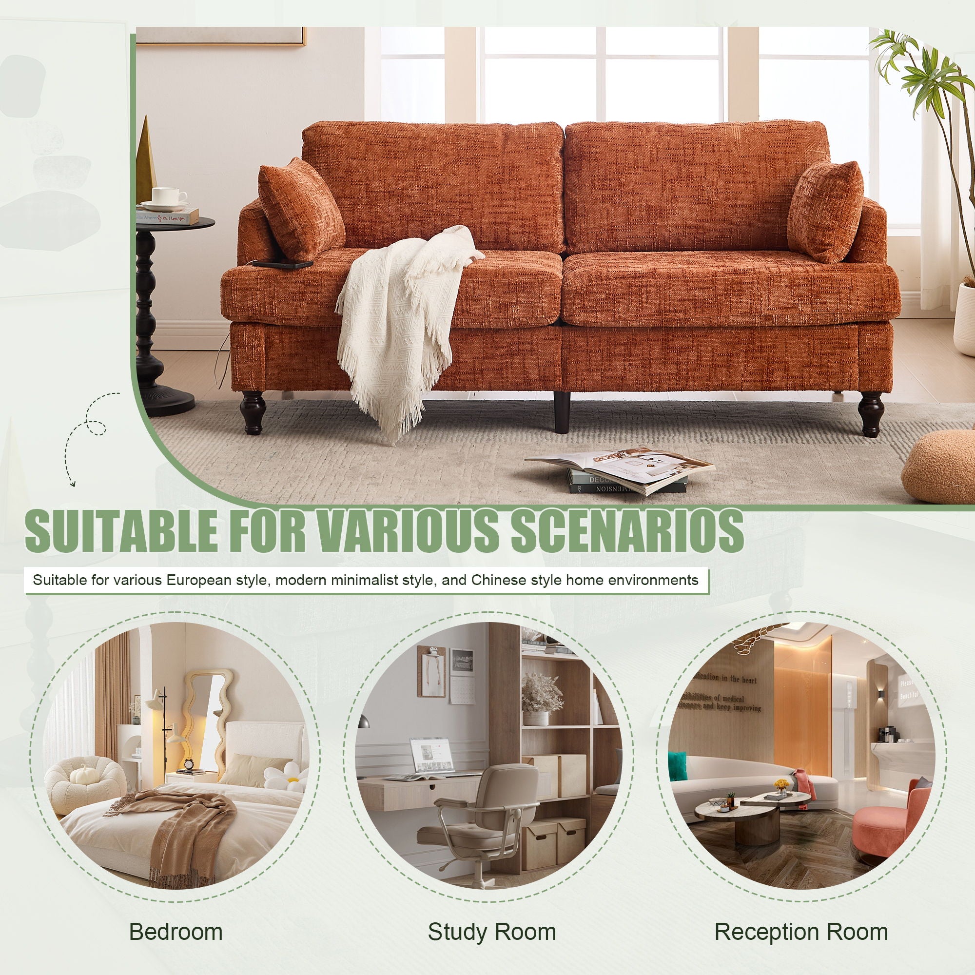 Chenille 2 Seater Sofa With LED Light, USB Charging Port, And Storage Bag