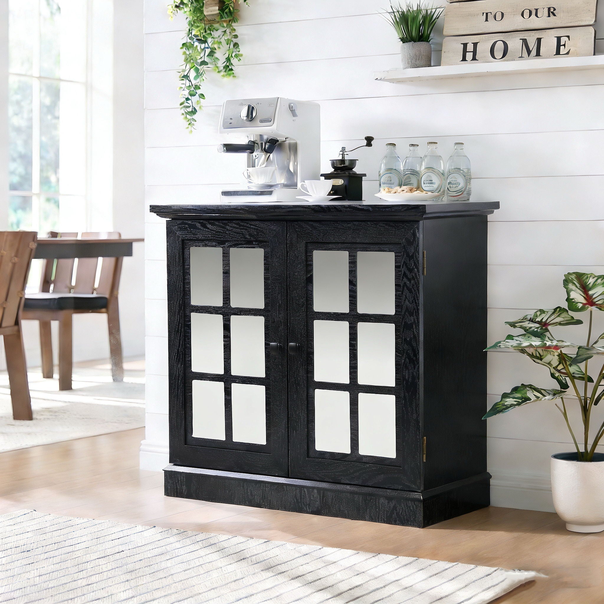 Sideboard Cabinet With Mirrored Doors, Adjustable Shelf, Metal Handles