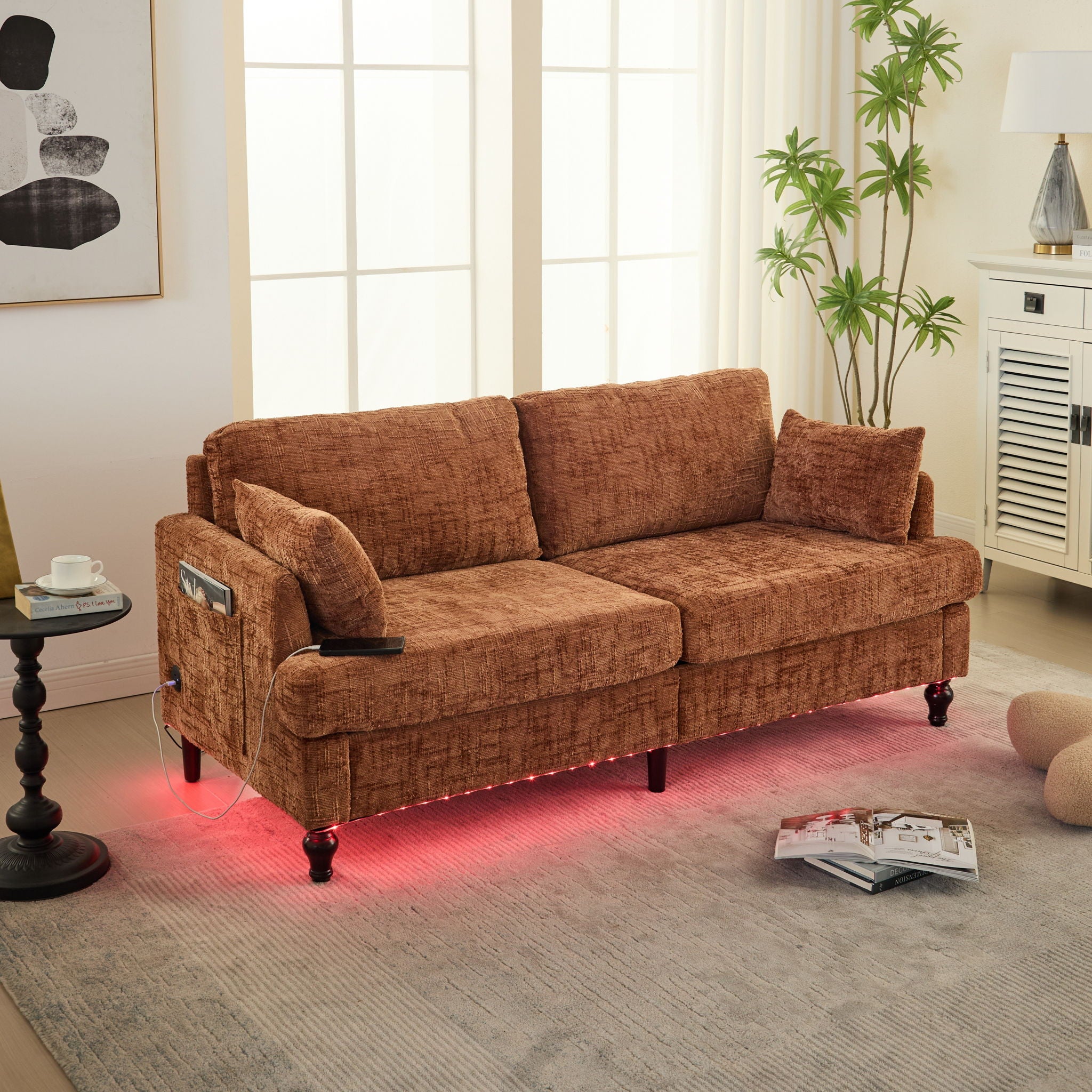 Chenille 2 Seater Sofa With LED Light, USB Charging Port, And Storage Bag