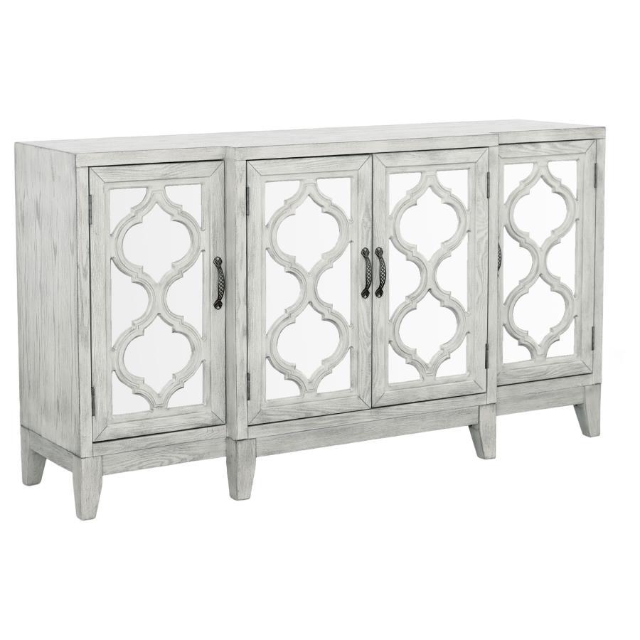 Coaster Fine Furniture Mckellen - 4 Door Wood Trellis Accent Cabinet - Distressed White | Meri Furniture