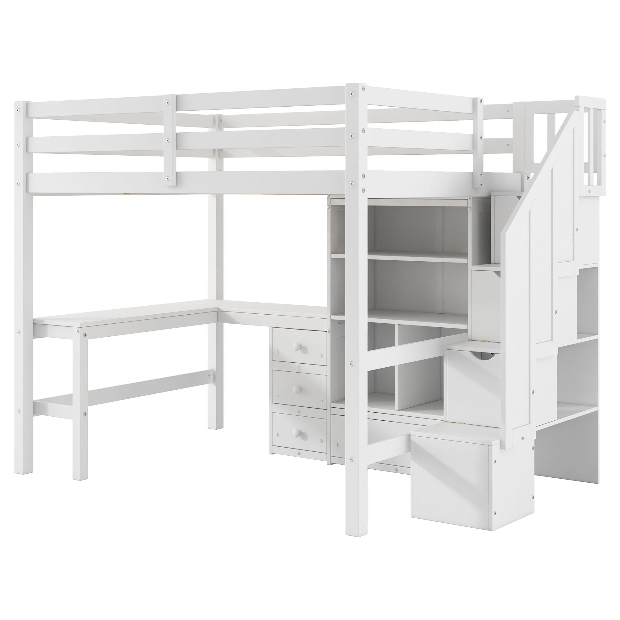 Loft Bed & L Shaped Desk, Drawers, Cabinet, And Storage Staircase