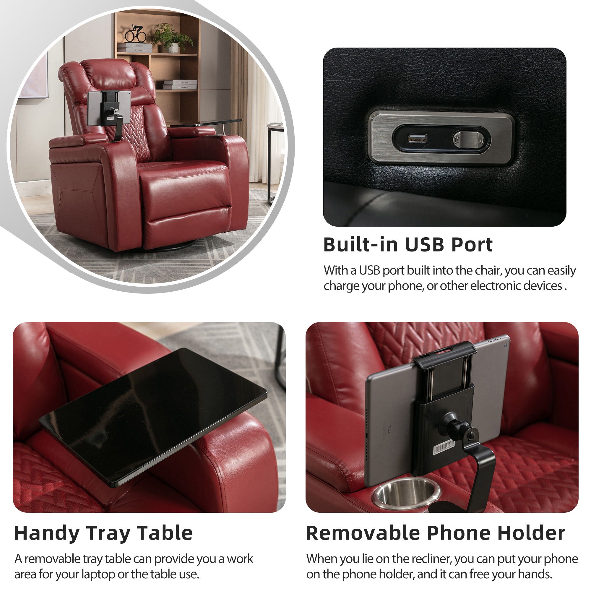 270 Degree Swivel Power Recliner With Tray Table, Phone Holder, Cup Holder, USB Port