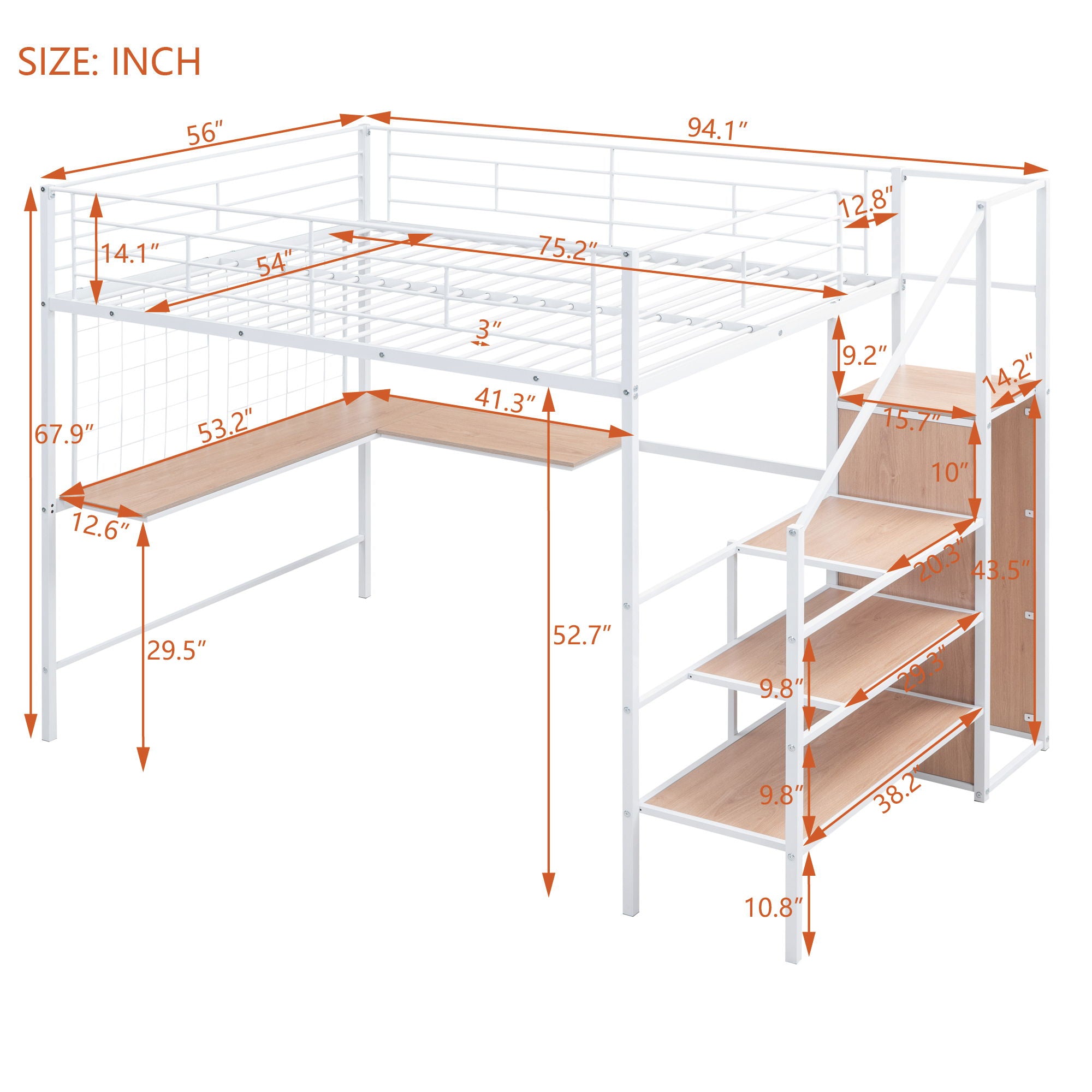 Loft Bed With Desk And Grid, Stylish Frame With Lateral Storage Ladder And Wardrobe