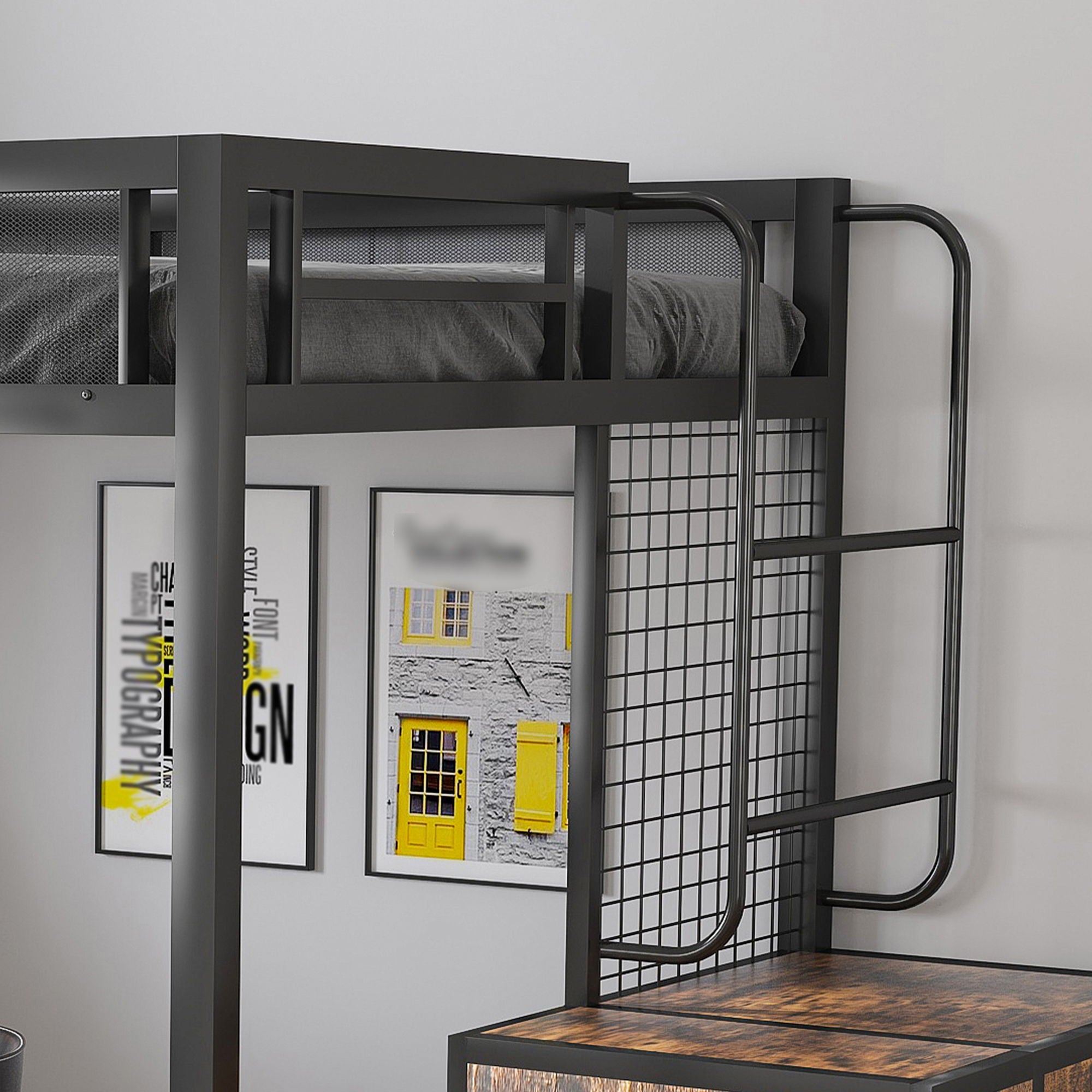 Heavy Duty Full Loft Bed With Desk & USB Charging Metal Frame With Storage Drawers And Staircase - Black
