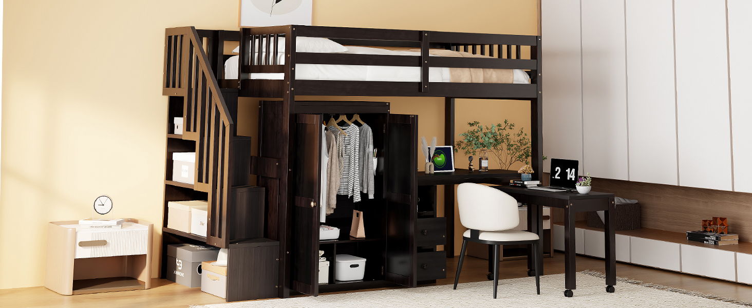 Loft Bed With Stairs, Bookshelf, Drawers, Desk & Wardrobe, Space Saving Multifunctional Furniture