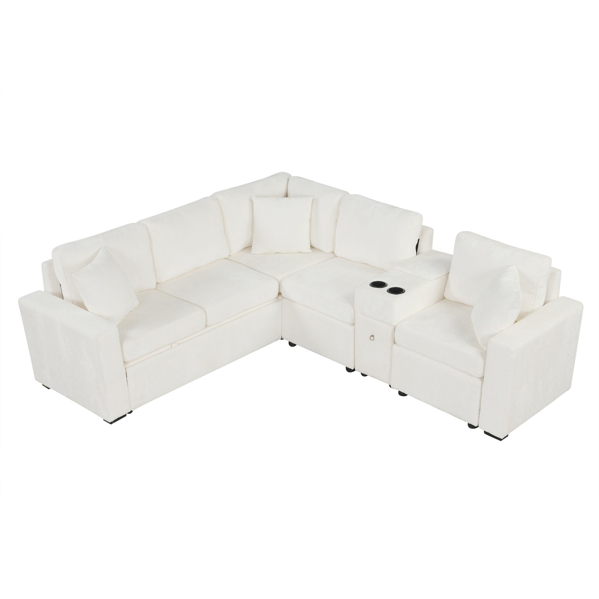 Contemporary L Shaped Convertible Sofa Bed With Pull Out Bed, Cup Holders, And Storage