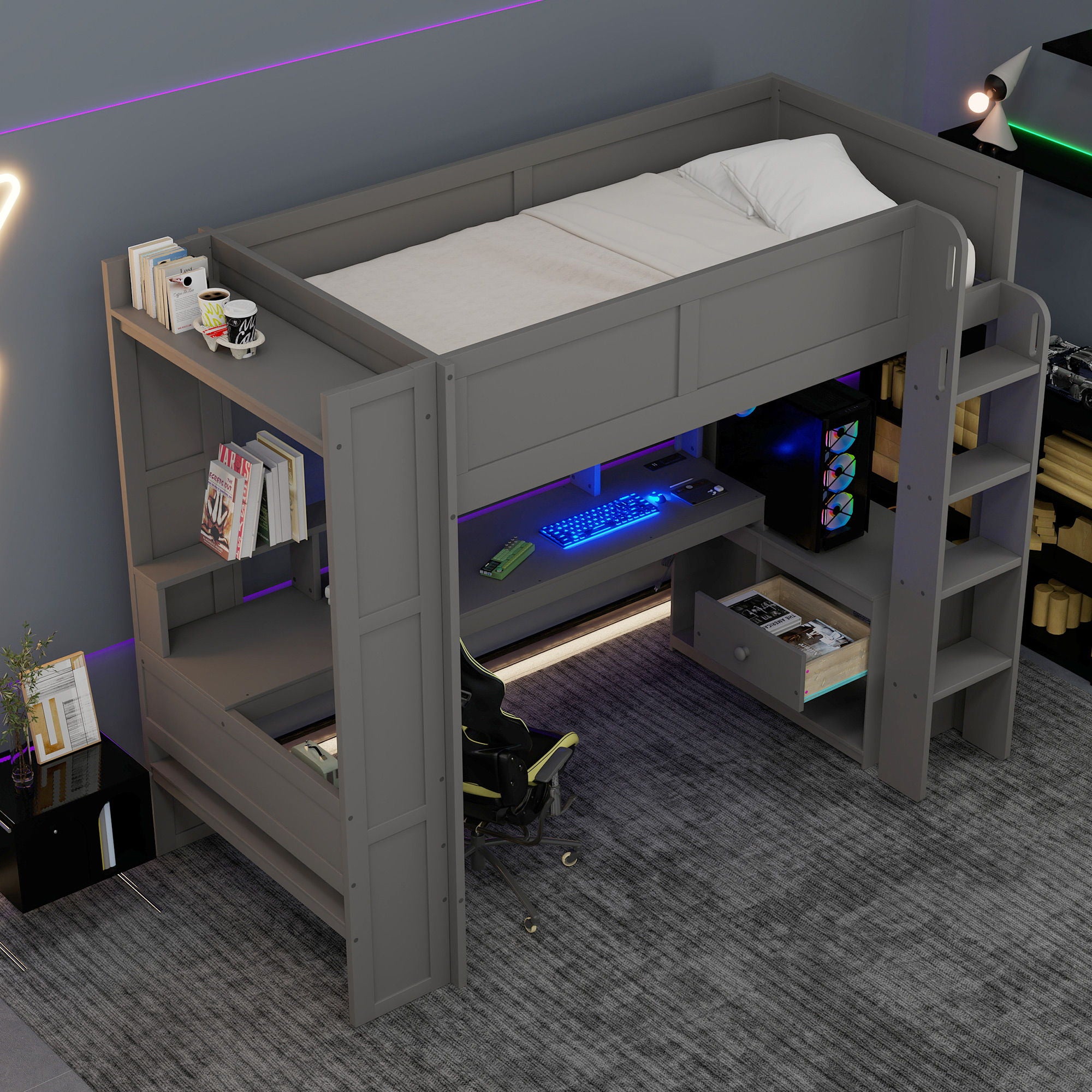 Gaming Loft Bed With Desk, Multi Storage Shelves, LED And Charging Station