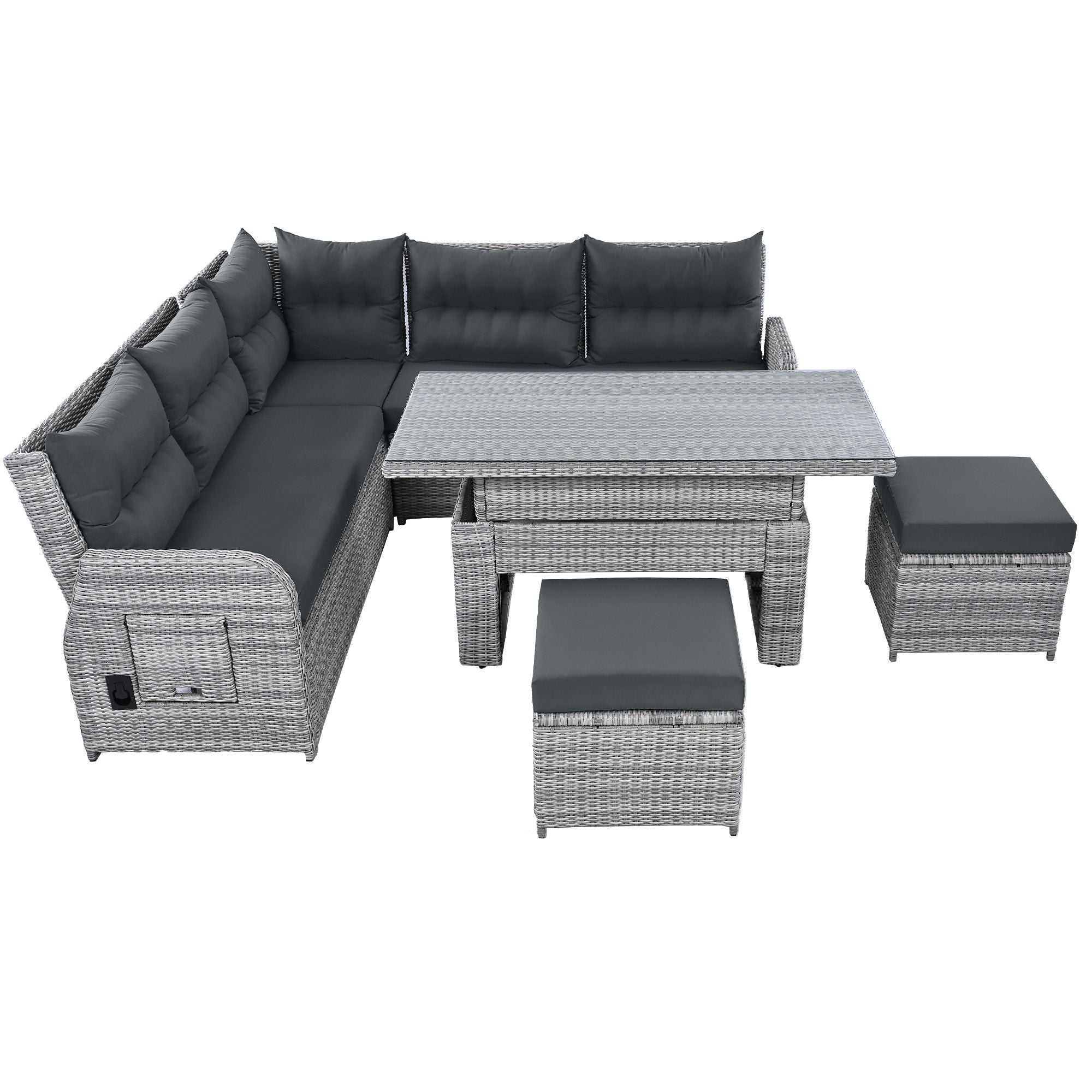 Outdoor Furniture Set Patio Rattan Furniture Set With Adjustable Table, Recliners With Extendable Side Tables And 2 Ottomans