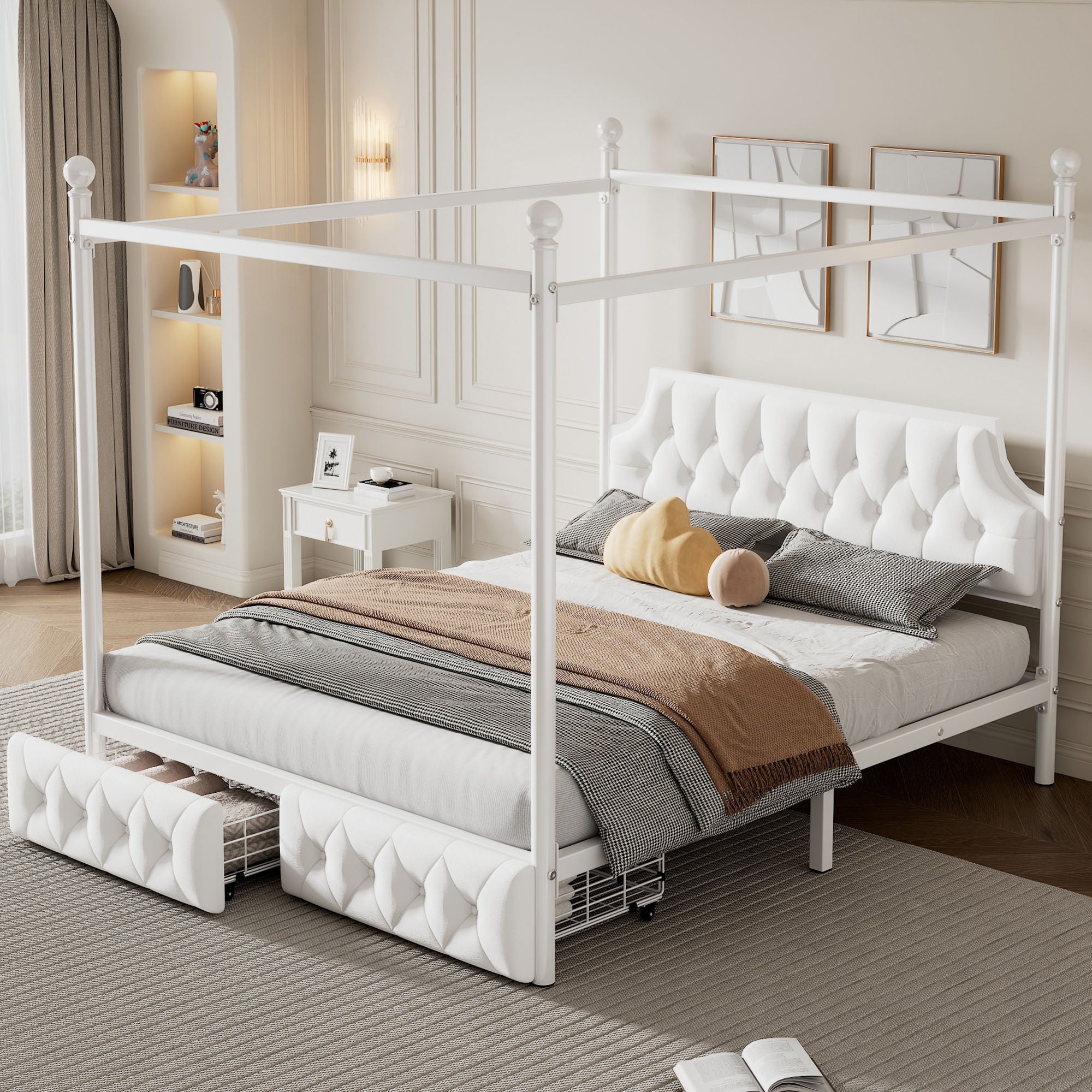 Canopy Platform Bed With Upholstered Headboard And 2 Storage Drawers - White
