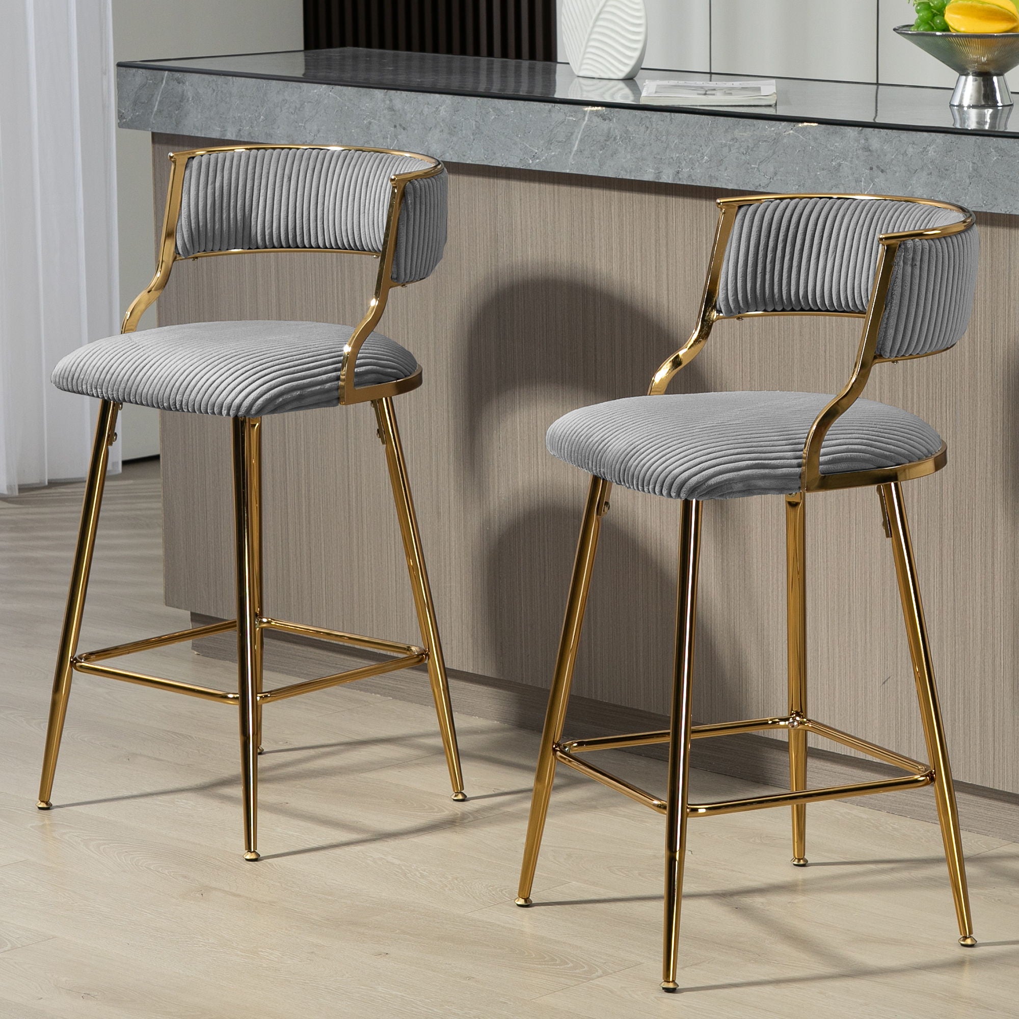 Counter Height Bar Stools With Powder Coating Base And Footrest (Set of 2) - Beige