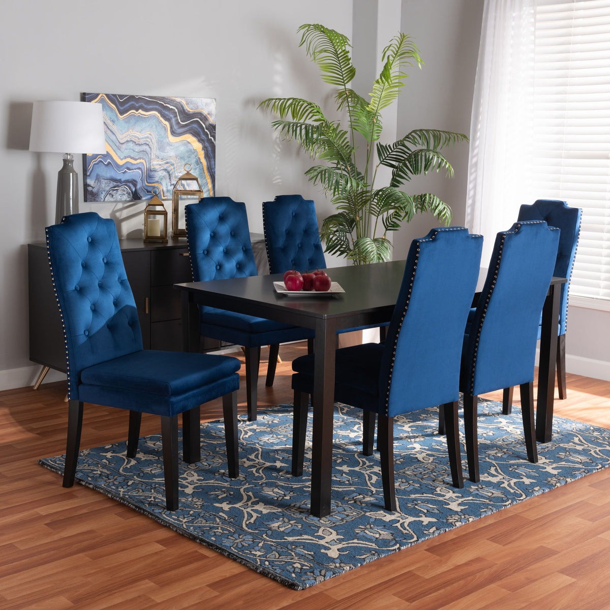 Dylin Modern and Contemporary Navy Blue Velvet Fabric Upholstered and Dark Brown Finished Wood 7-Piece Dining Set