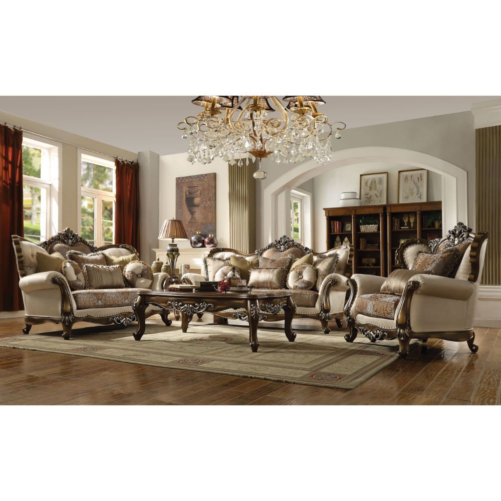 ACME Latisha - Loveseat - Tan, Pattern Fabric & Antique Oak | Meri Furniture