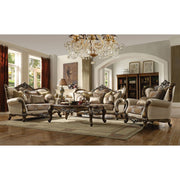ACME Latisha - Loveseat - Tan, Pattern Fabric & Antique Oak | Meri Furniture