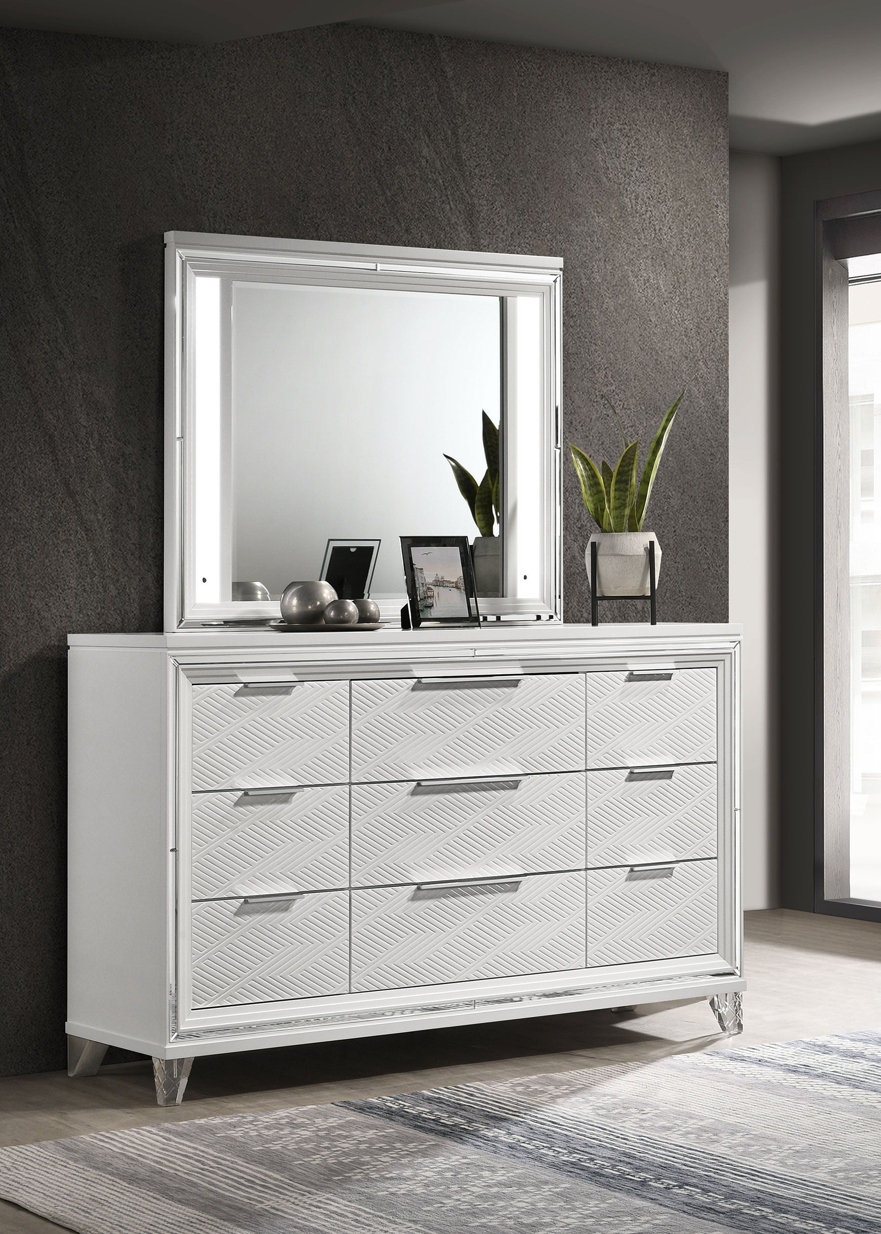 Coaster Fine Furniture Marmore - 9-Drawer Dresser And LED Mirror - White | Meri Furniture