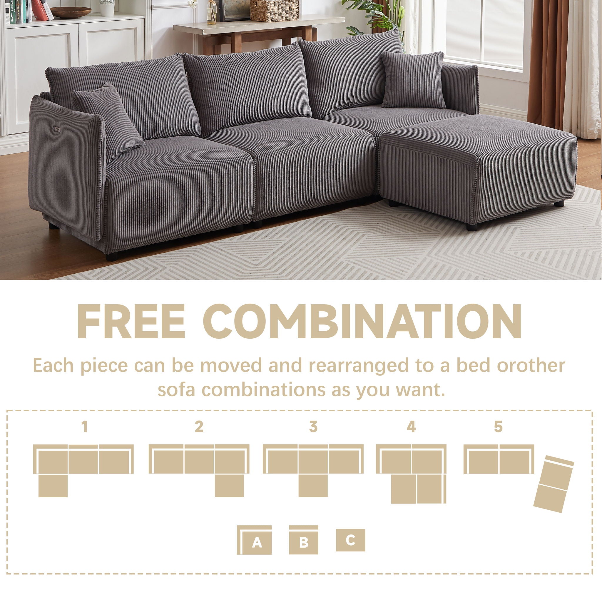 Modern Minimalist Corduroy Combination Sofa With 2 Comfort Cushions With USB & C Charging Ports