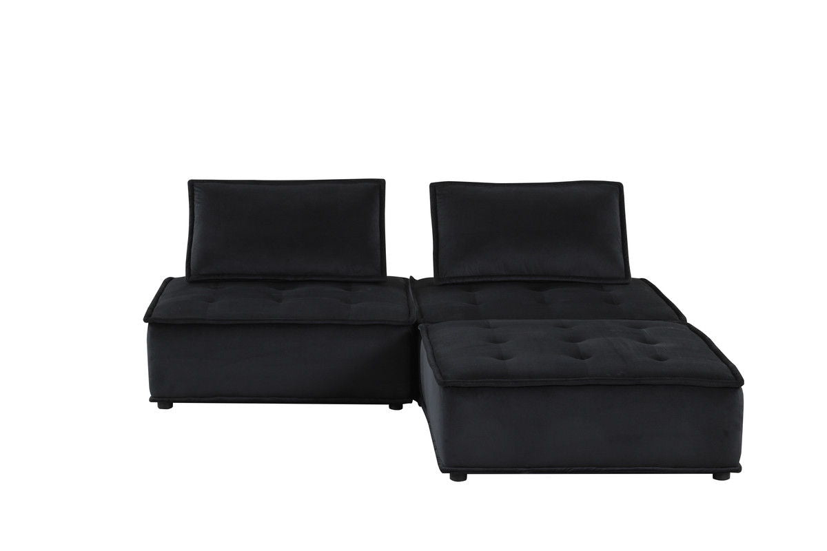 Anna 80"W Black Velvet 3 Pc Sectional Sofa Ottoman