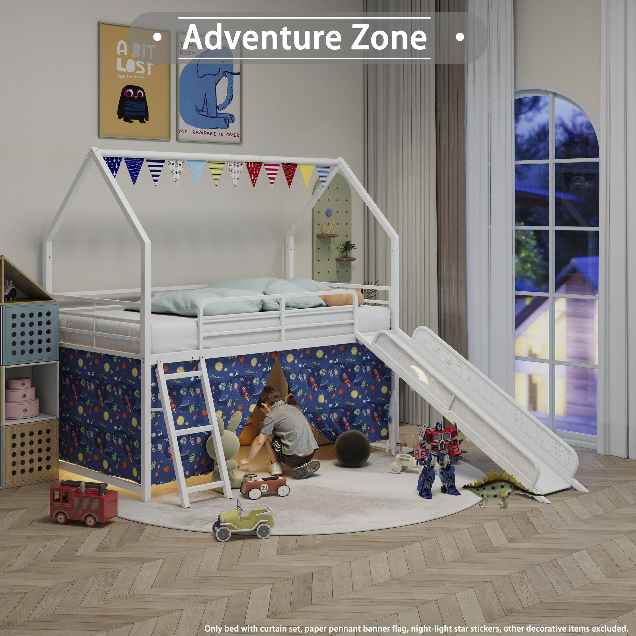 Jack - House Loft Bed With Slide And Curtain Set