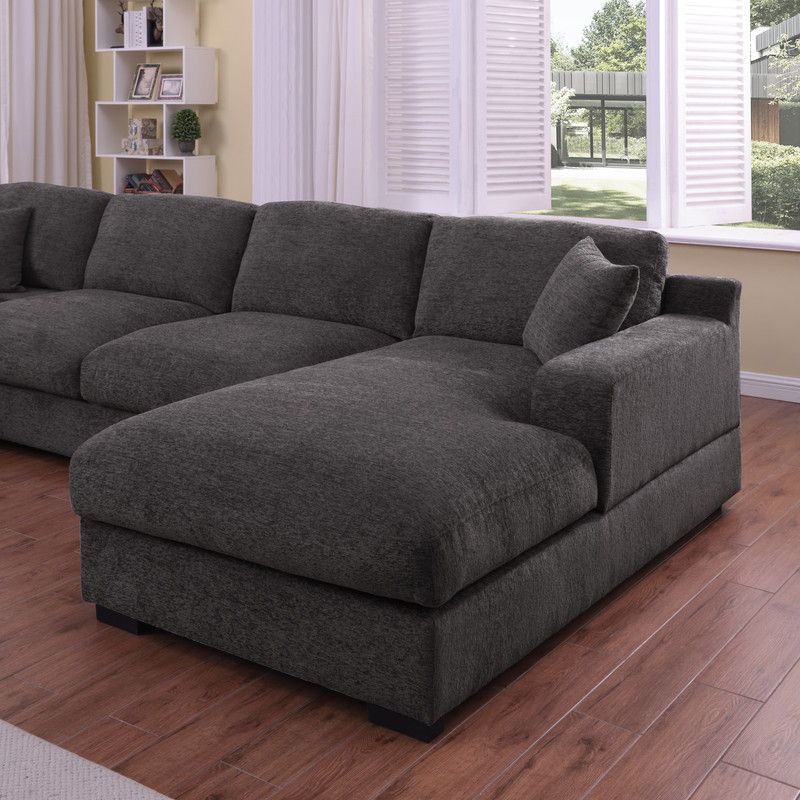 Celine 128"W Gray Chenille Fabric Corner Sectional Sofa with Right-Facing Chaise, Cupholders, and Charging Ports