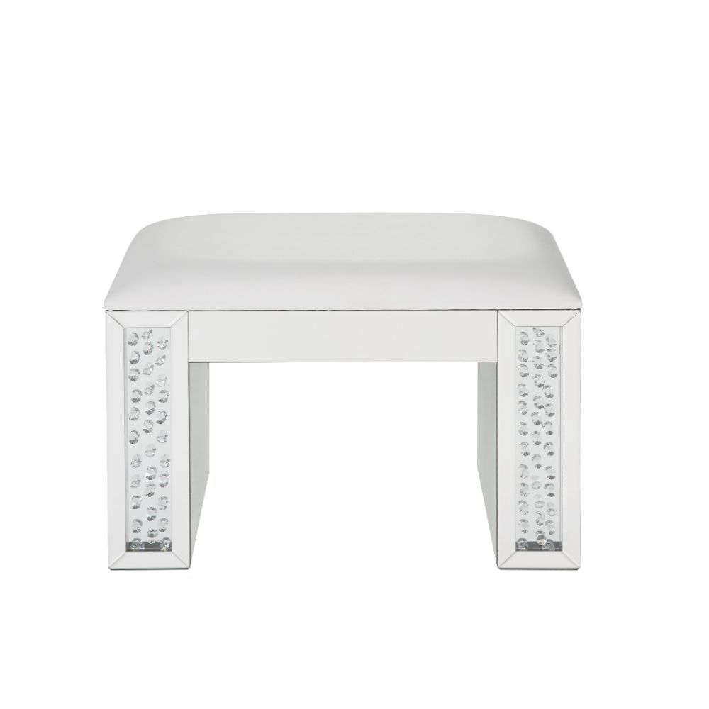 ACME Nysa - Vanity Stool - Ivory PU, Mirrored & Faux Crystals | Meri Furniture