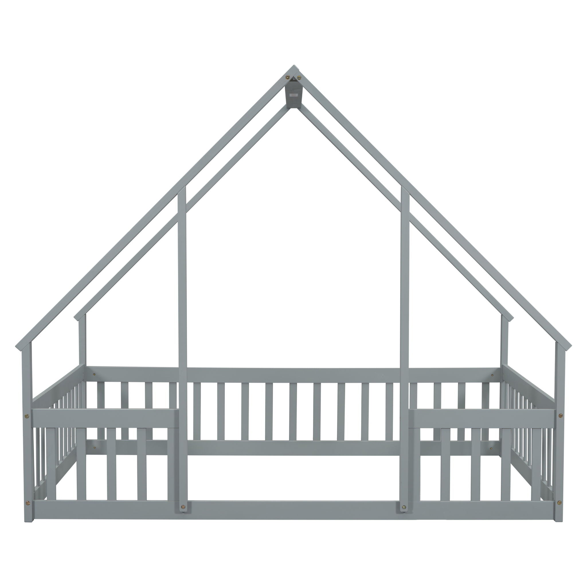 Wood House-Shaped Floor Bed With Fence, Guardrails