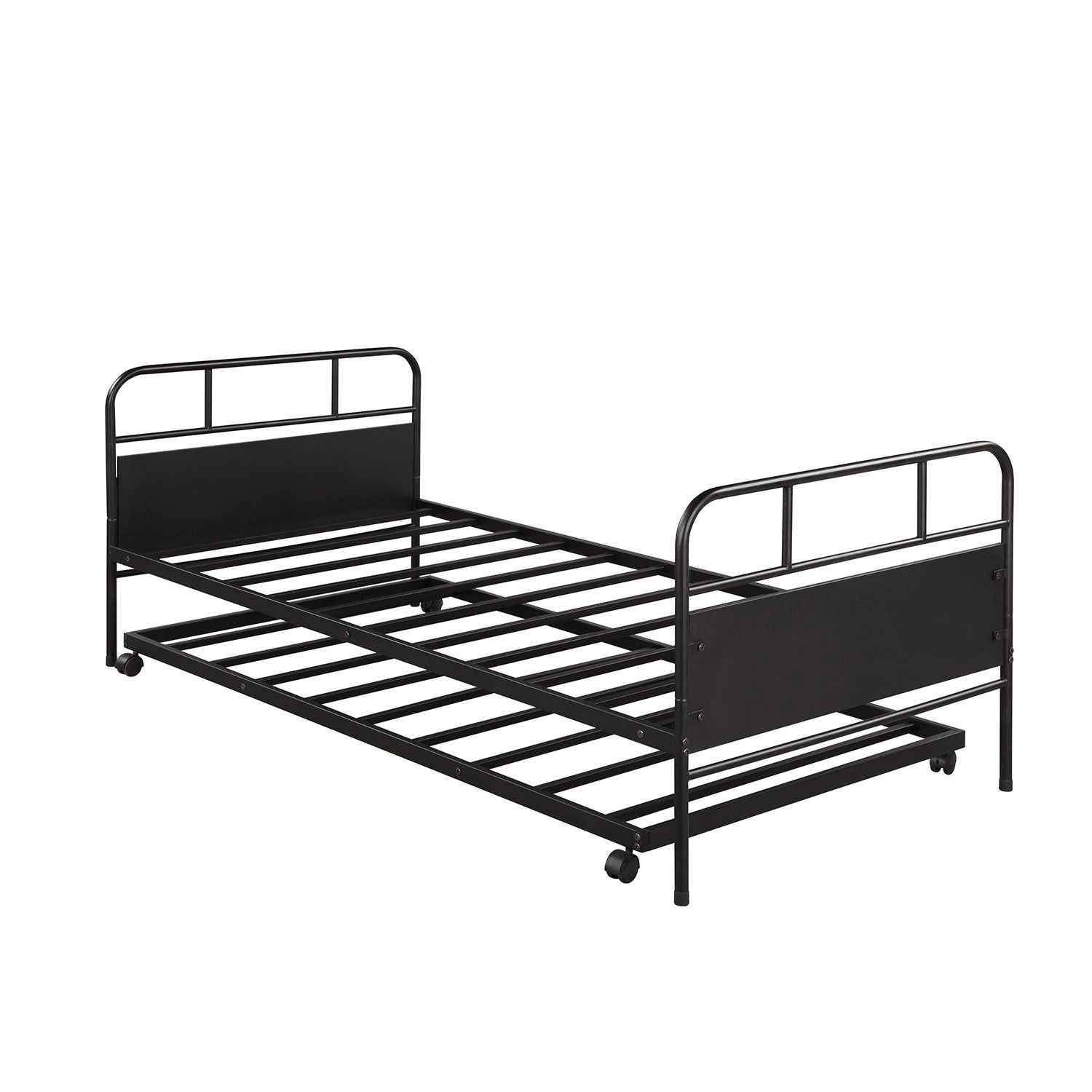 Twin Size Daybed Platform Bed Frame With Trundle Built In Casters - Black