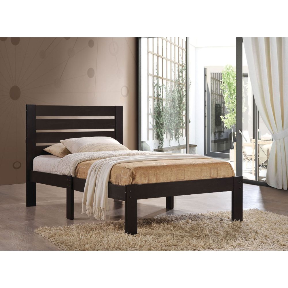 ACME The Kenney bed creates a clean and casual look that will match any bedroom decor. Features wooden slatted headboard, low profile footboard, and is carefully crafted with selected wood and veneers. Box Spring not required. | Meri Furniture