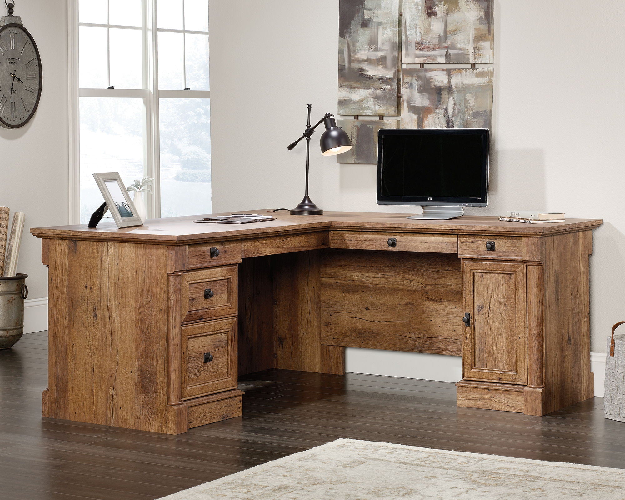 Traditional Style L-Shaped Desk in Vintage Oak