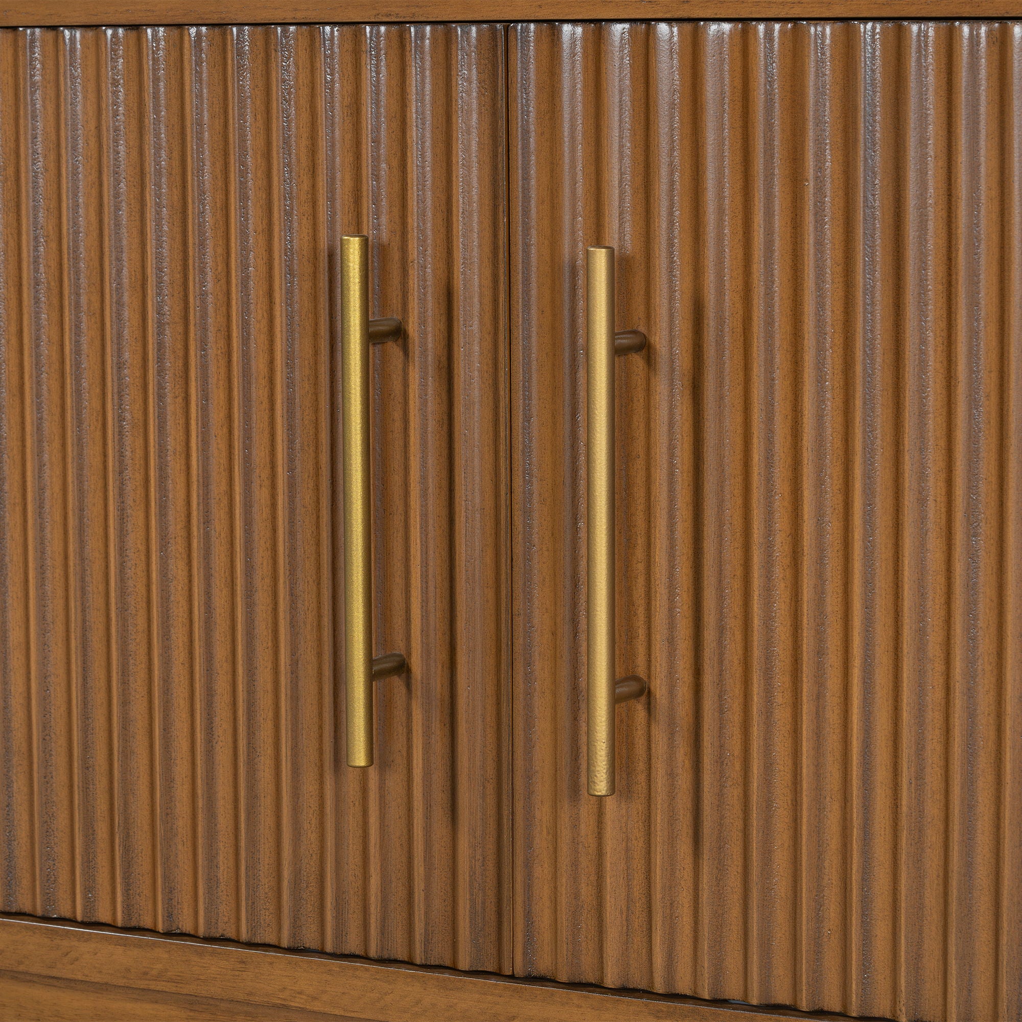 TV Stand With Vertical Slatted Doors And Sliding Panels, Solid Wood Legs - Brown