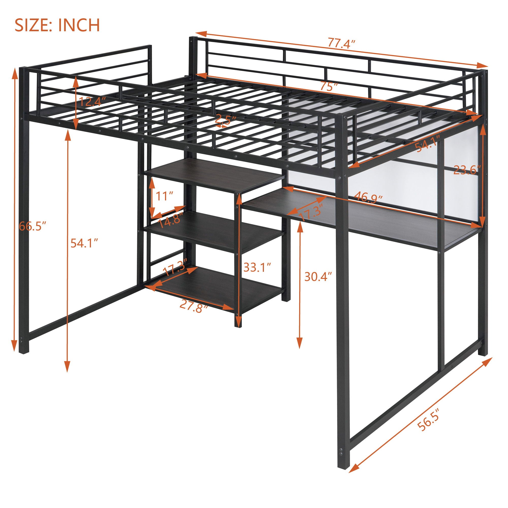 Metal Loft Bed With Desk, 3 Shelves And Ladder