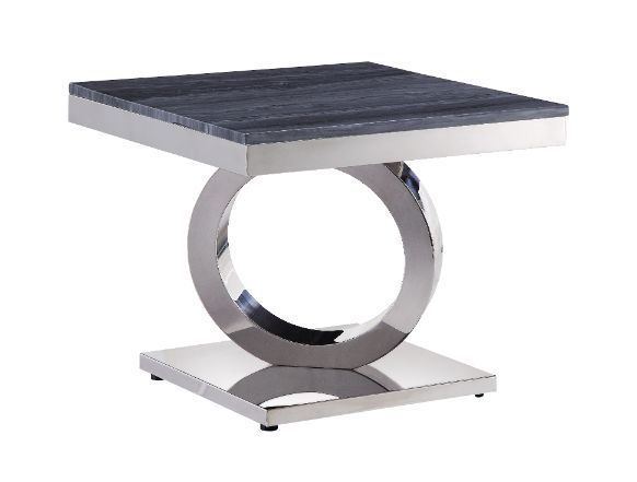 ACME Zasir - End Table - Gray Printed Faux Marble & Mirrored Silver Finish | Meri Furniture