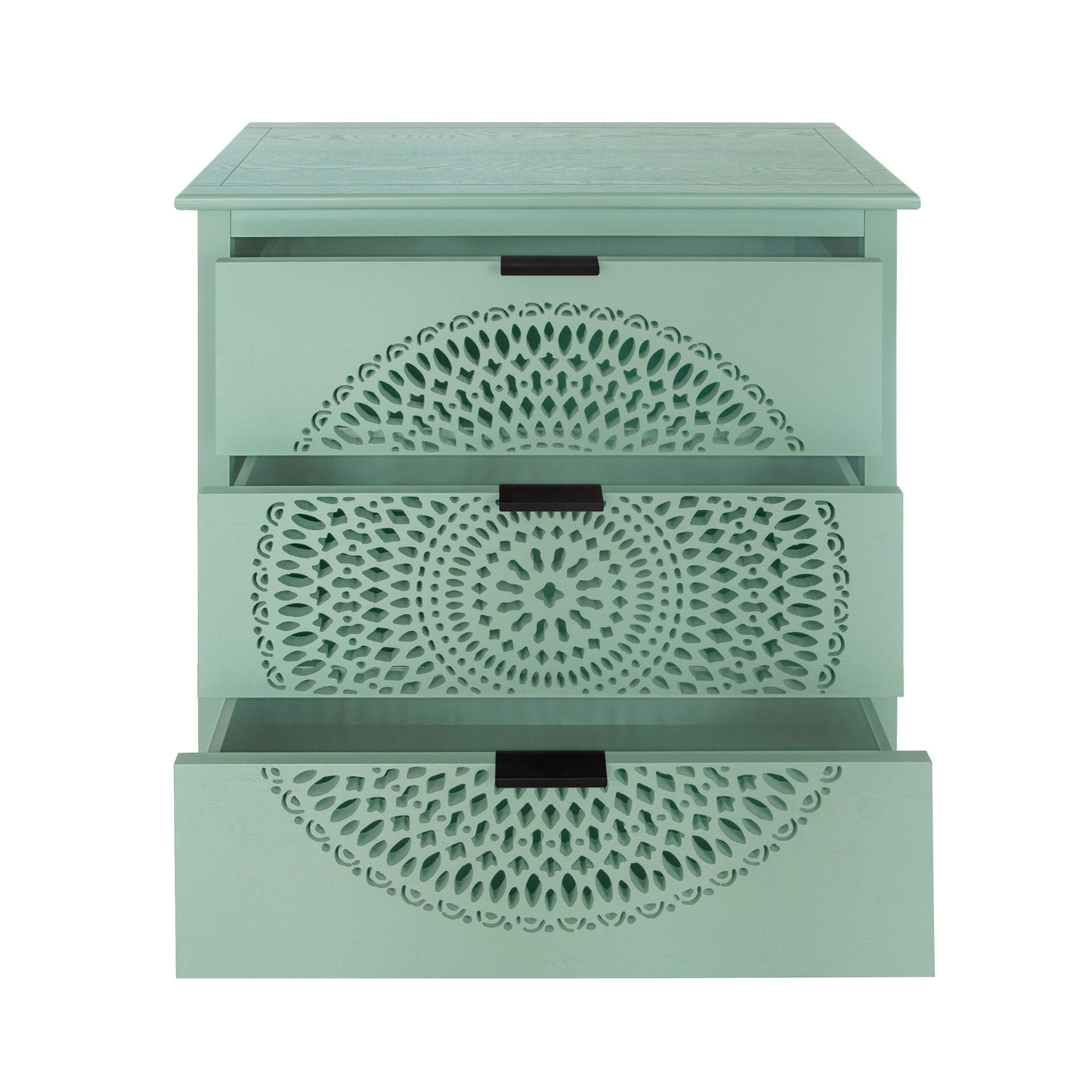 3 Drawer Storage Cabinet With Hollow Carved Design And Metal Handles, Chest For Entryway, Living Room Or Bedroom - Light Green