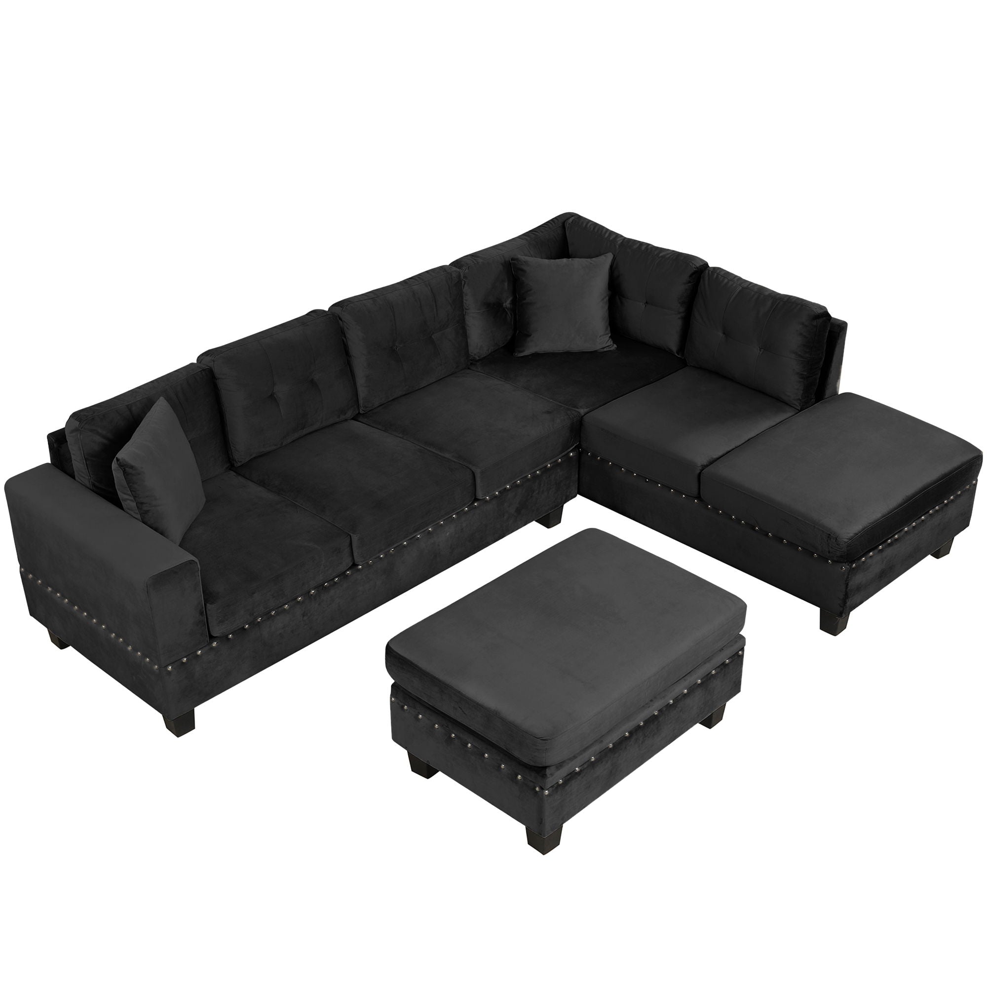 Modern Sectional Sofa With Storage Ottoman, L - Shape Couch With 2 Pillows And Cup Holders