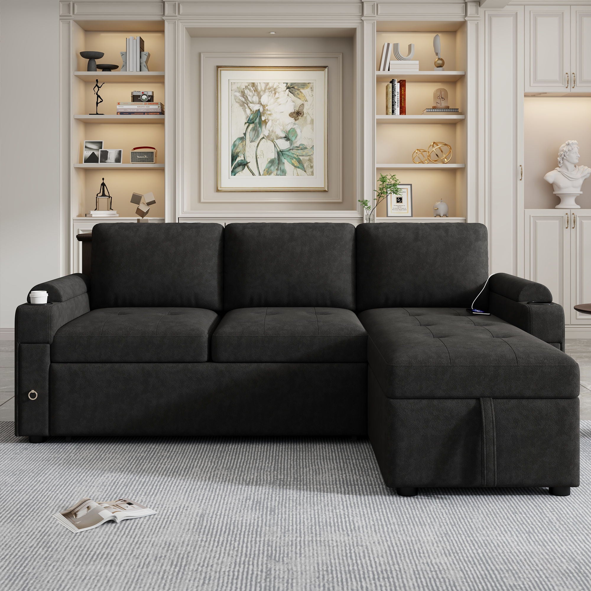 Convertible L Shaped Sofa Couch With Storage, Cup Holders, USB Ports