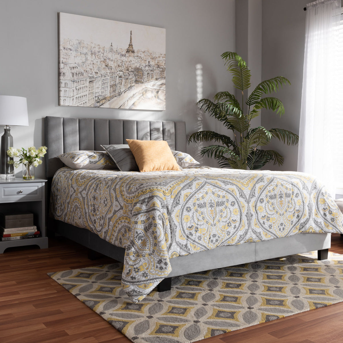 Clare Glam and Luxe Grey Velvet Fabric Upholstered King Size Panel Bed with Channel Tufted Headboard