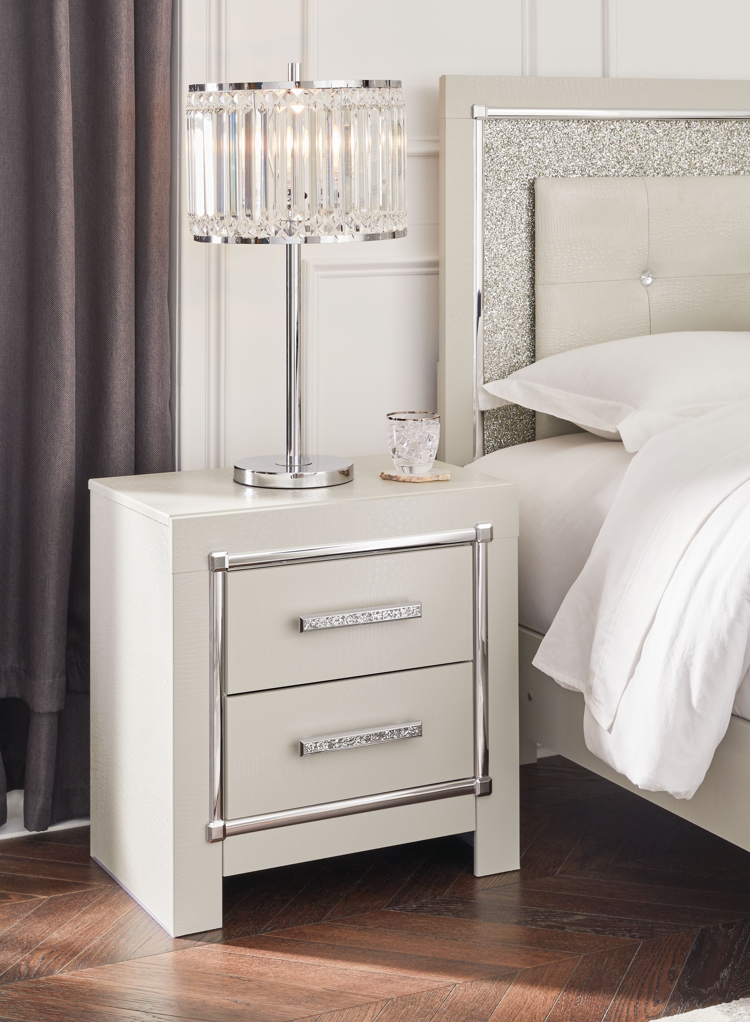Signature Design by Ashley® Zyniden - Silver - Two Drawer Night Stand | Meri Furniture