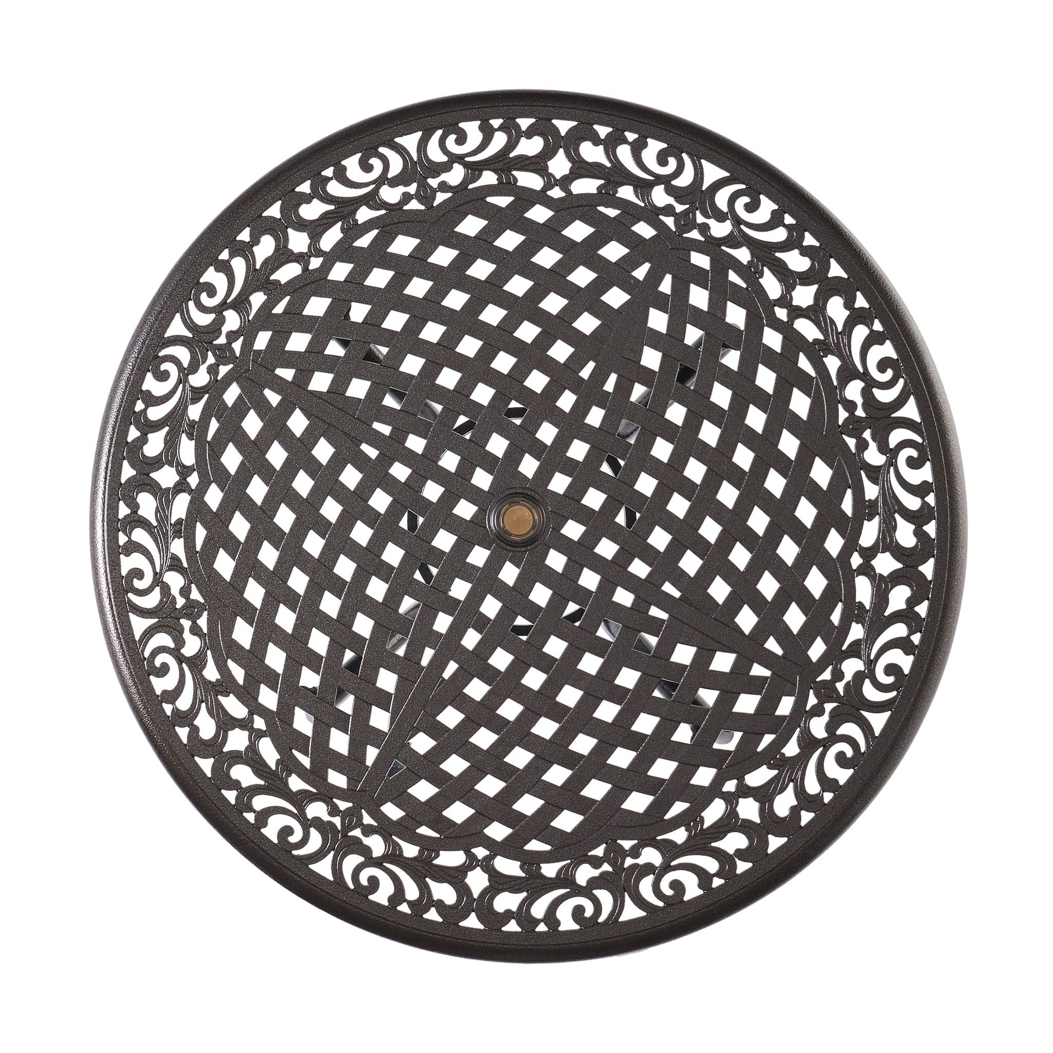 Tranquilius - Outdoor Round Dining Table With Lattice Tabletop, Umbrella Hole And Curved Legs