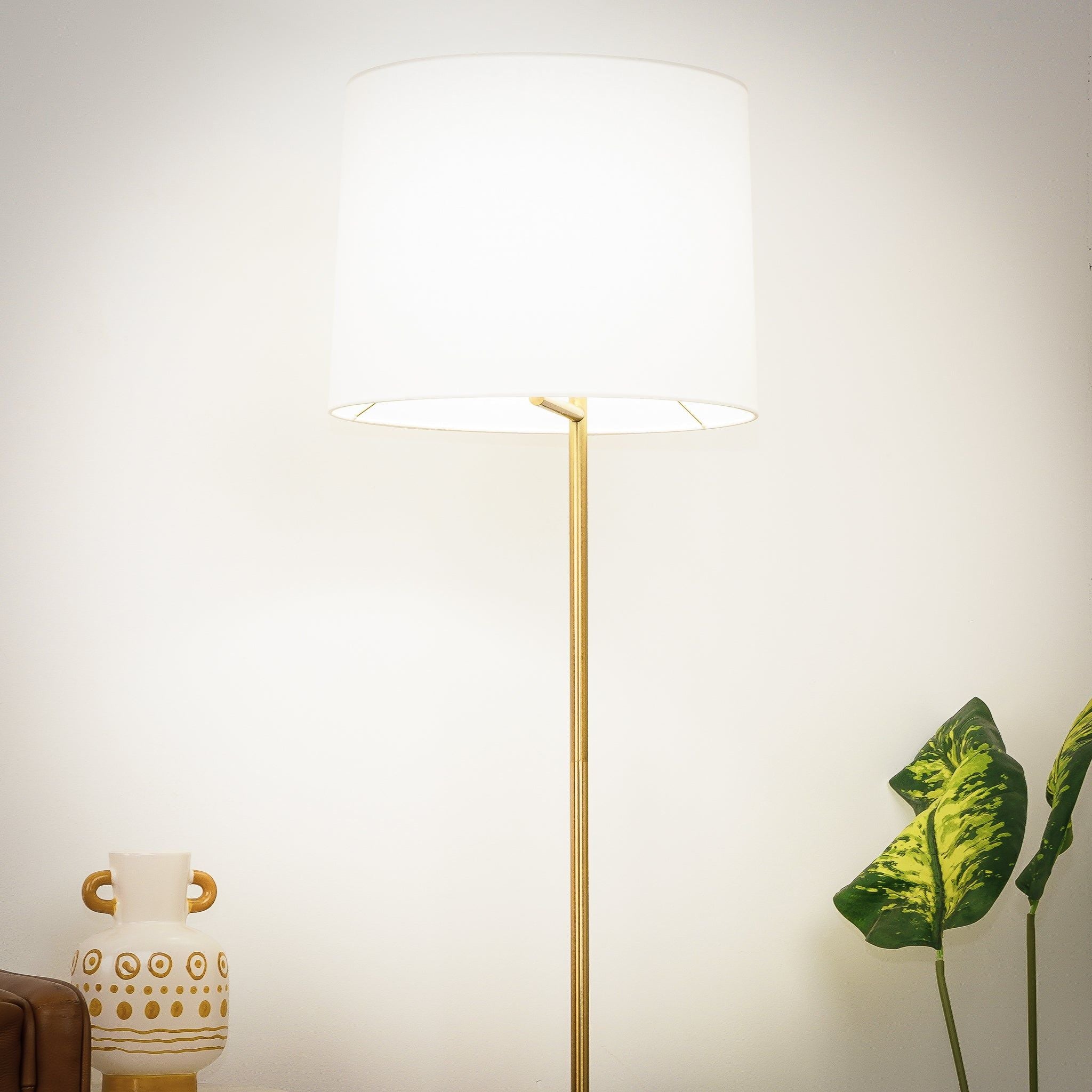 Zenith - Offset Base Floor Lamp With Drumshaped Linen Shade - Gold / White