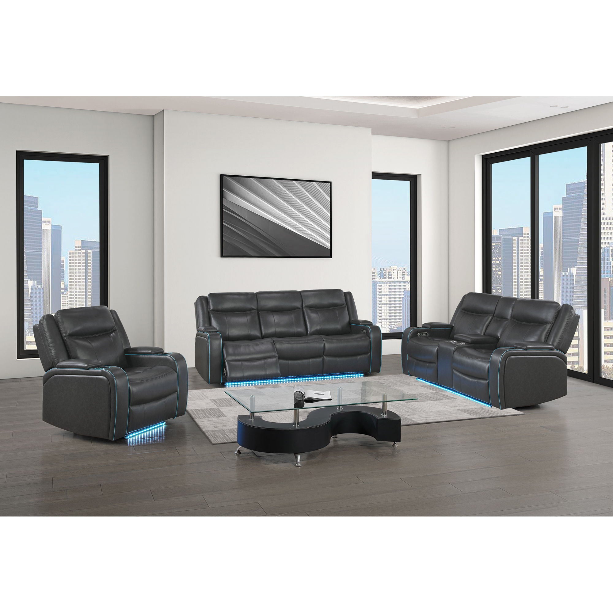 Blanca - Power Console Reclining Loveseat With LED Lights, Power Headrest And Speakers - Charcoal