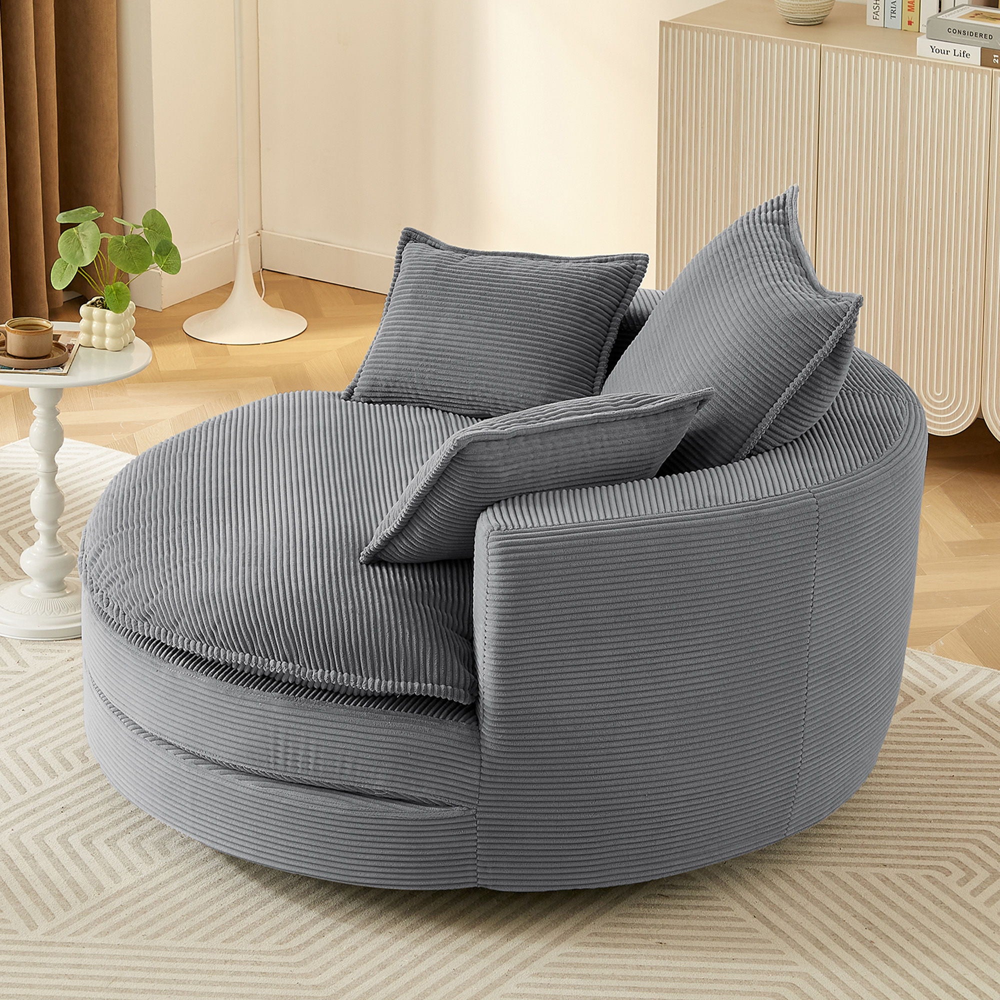 360° Swivel Accent Barrel Chair With Dual Layer Cushion And 3 Removable Pillows