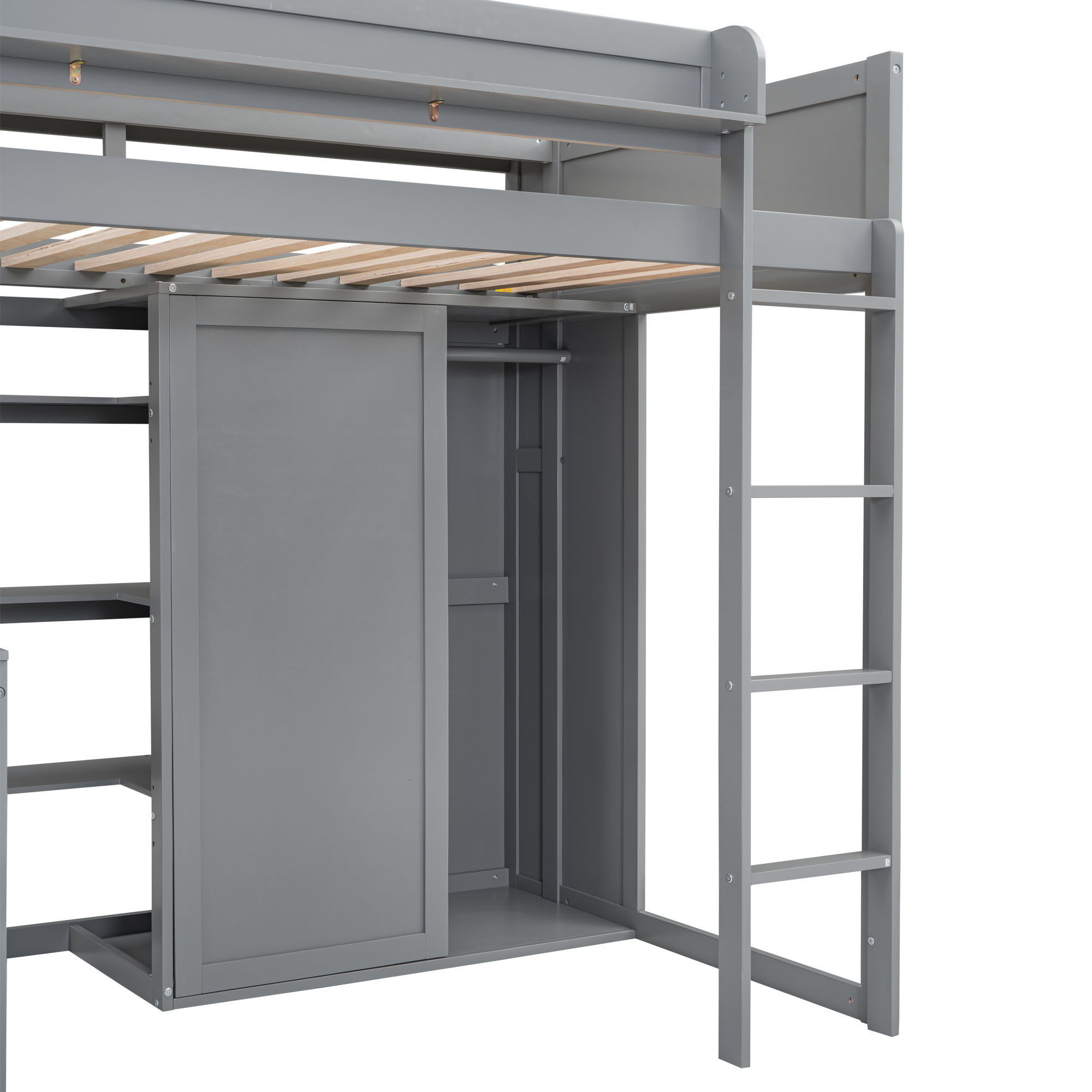 Loft Bed With Built In Desk, Storage Shelves, And Wardrobe