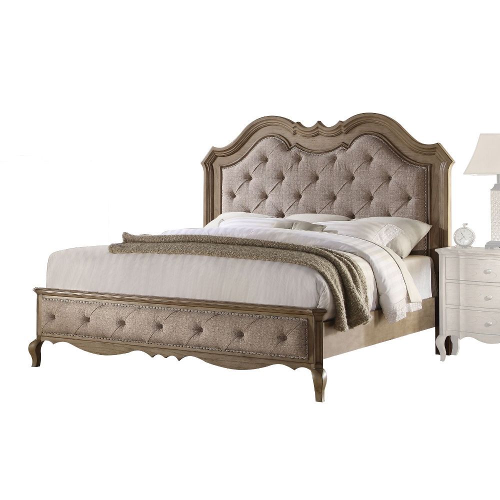 ACME Sleep in comfortable style in this Chelmsford bed constructed with durable solid wood for your long-lasting enjoyment. For a touch of elegance, this upholstered bedroom collection features cursive components for a classy appearance. | Meri Furniture