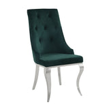 Dining Chair (High Back) • Stationary Seat: Standard Dining Height • Padded SEAT & BACK: Fabric () • Stainless Steel Apron Seat • Padded Backrest (Inside Button Tufted, Outside Ring) • [sc] • Stainless Steel Cabriole Leg • Sloped Low Armrest: Padded