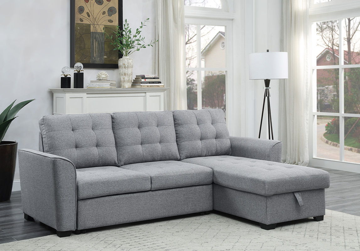 Avery 90.5"W Light Gray Linen Sleeper Sectional Sofa with Reversible Storage Chaise