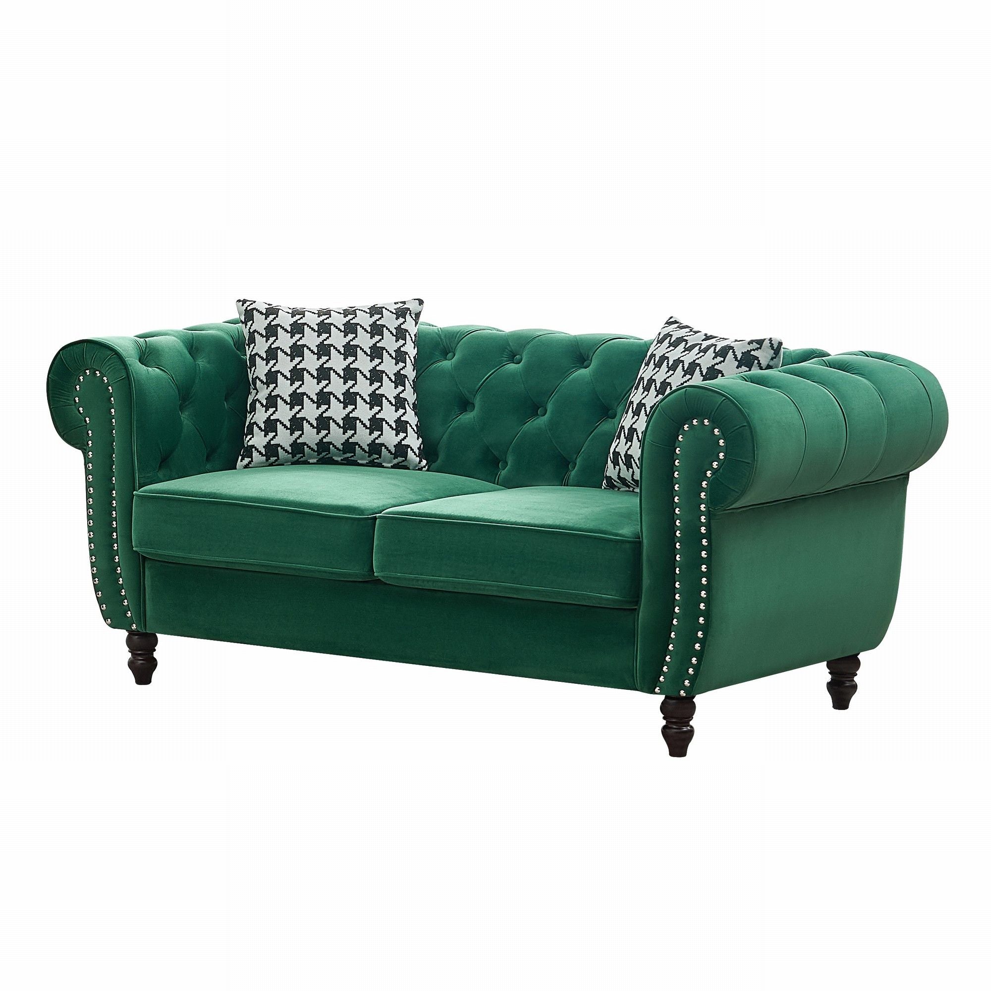 Chesterfield Velvet Fabric Sofa With Roll Armrest And Nailhead, Mid Century 2 Seater Couch