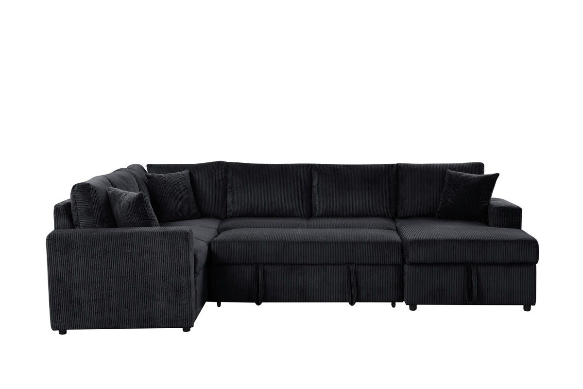 Ruxley 123"W Black Corduroy Sleeper Sectional Sofa with Right-Facing Storage Chaise and Throw Pillows